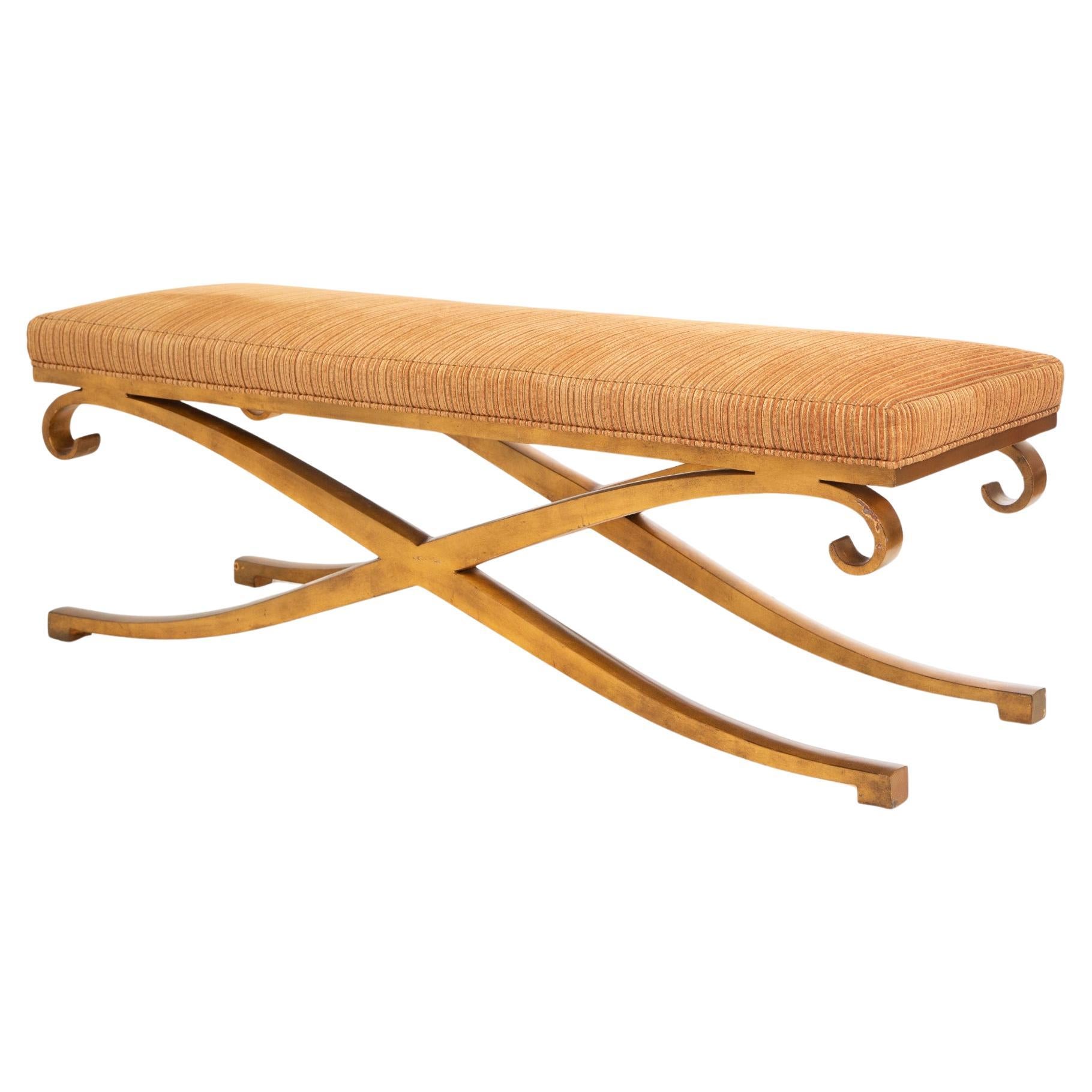 French Neoclassical X Base Gilt Iron Bench, 1950's