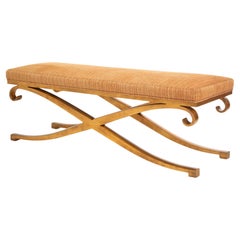 Banc néoclassique français à base en X et fer doré, années 1950