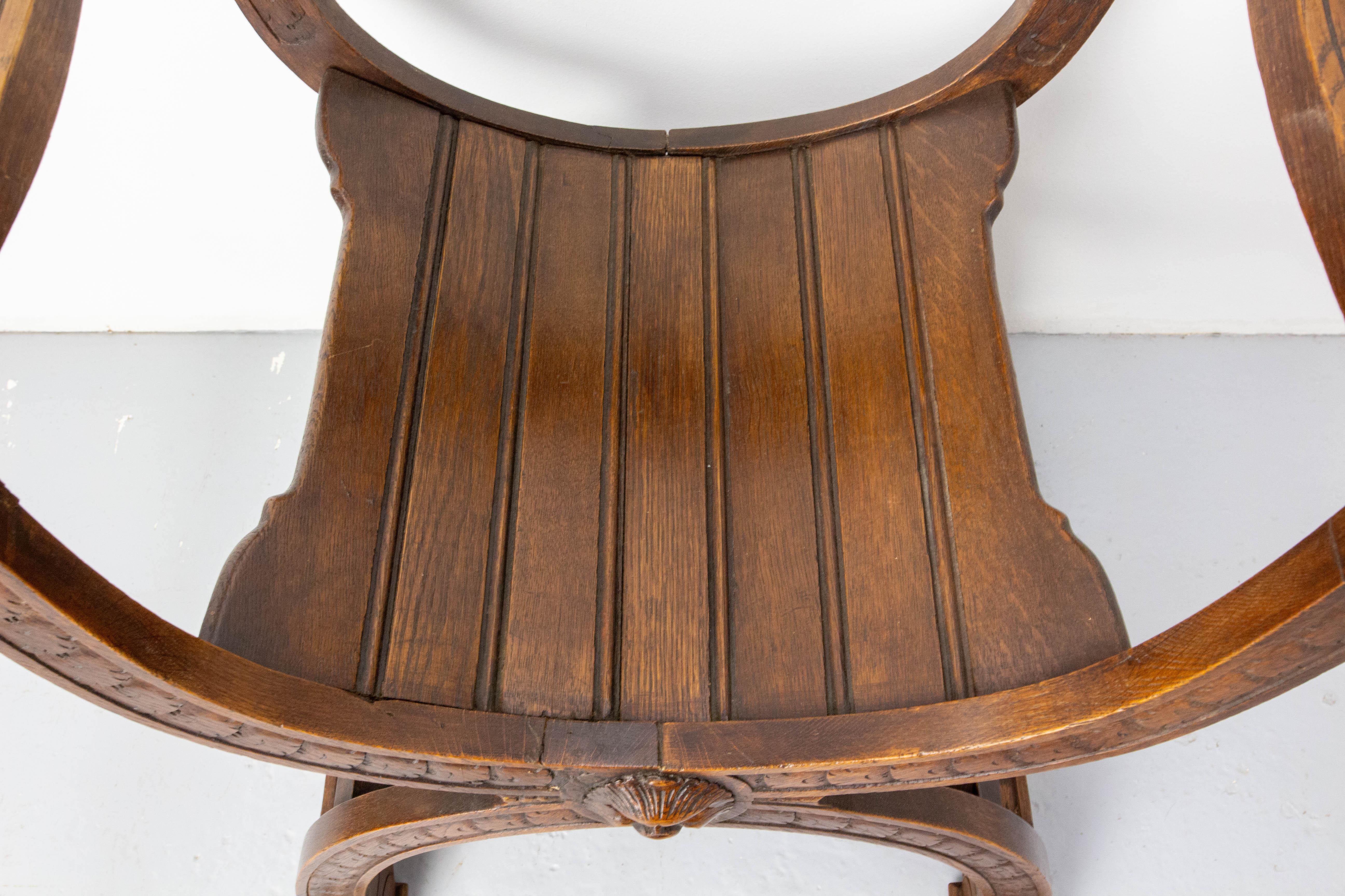 French Neogothic Chestnut Curule Armchair with Two Lionheads, French, circa 1900 For Sale 4