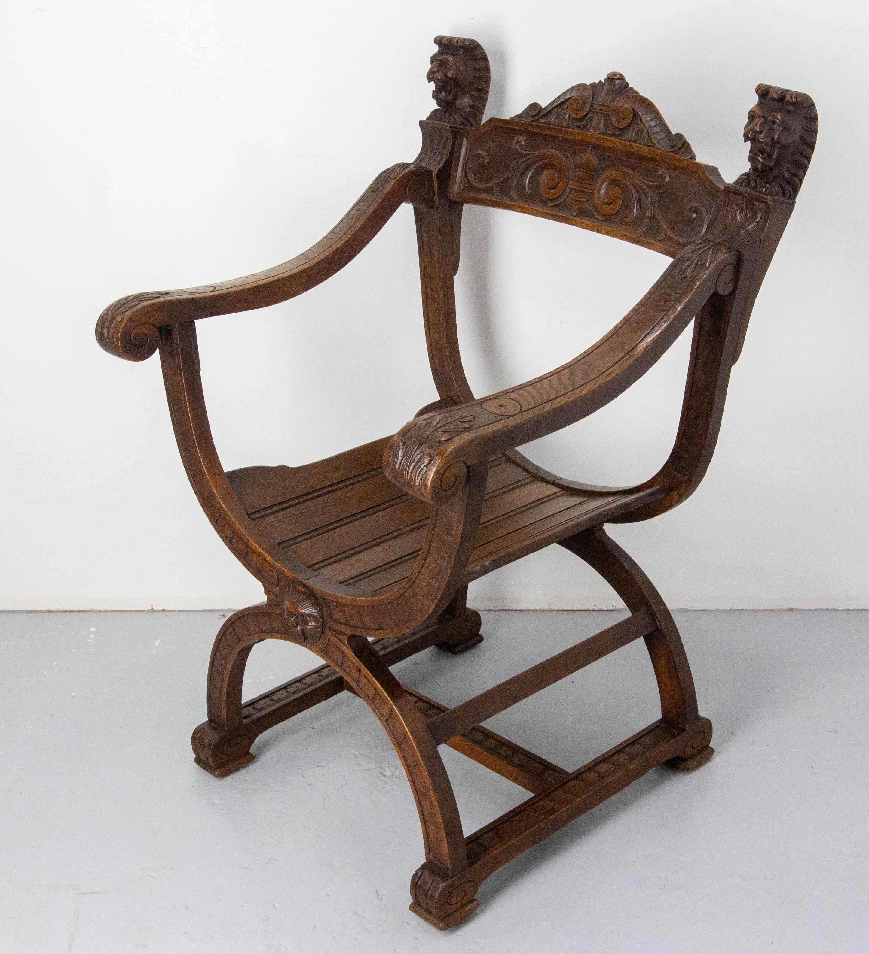 Hand-Carved French Neogothic Chestnut Curule Armchair with Two Lionheads, French, circa 1900 For Sale