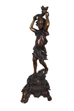 French Neolcassical Cast Bronze Boy w Torch Figural Candle Holder Statue 19"
