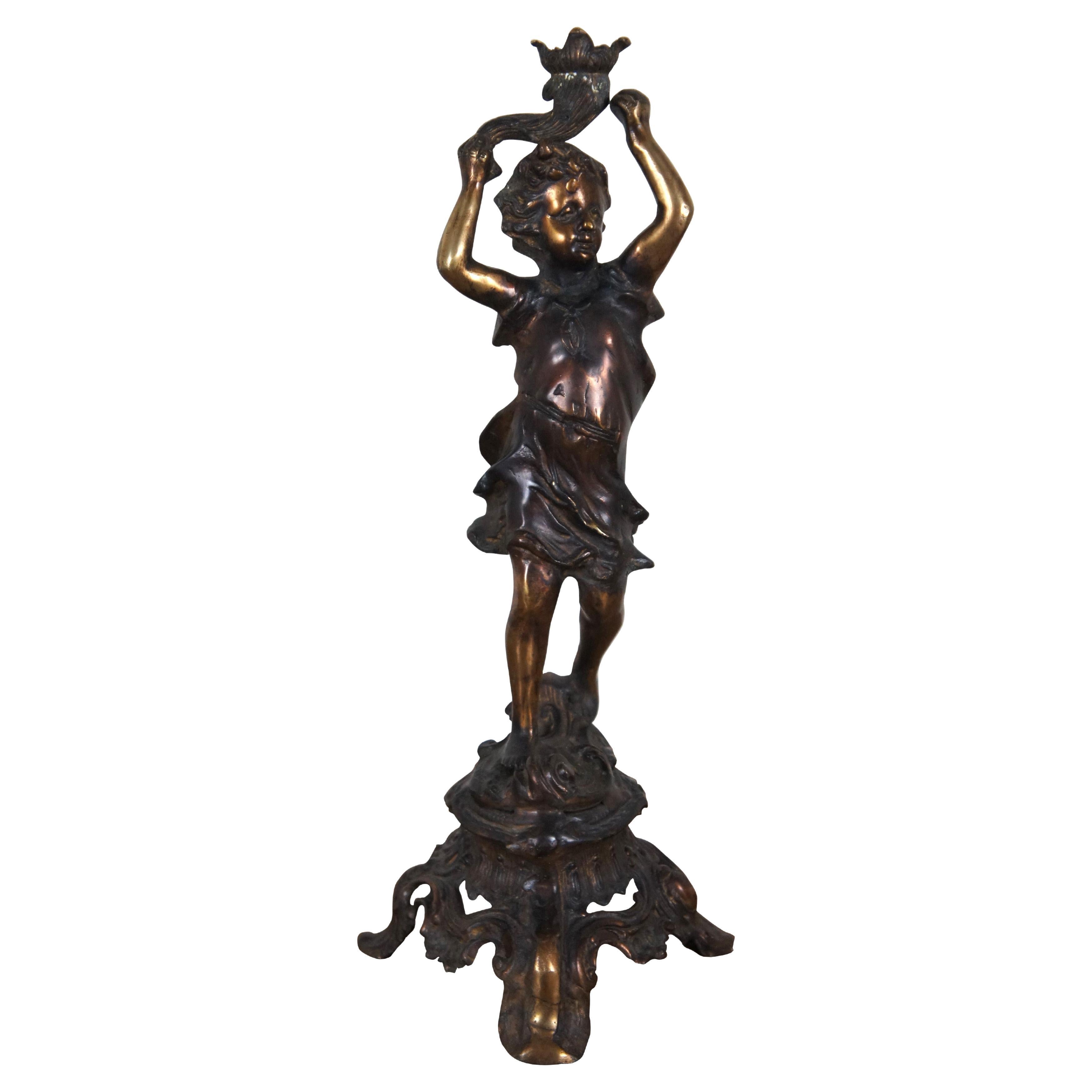 Französisch Neolcassical Cast Bronze Junge w Fackel Figural Kerzenhalter Statue 19"