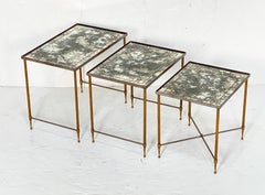 French Nesting Tables of Brass with Mottled Smoke Mirrored Glass