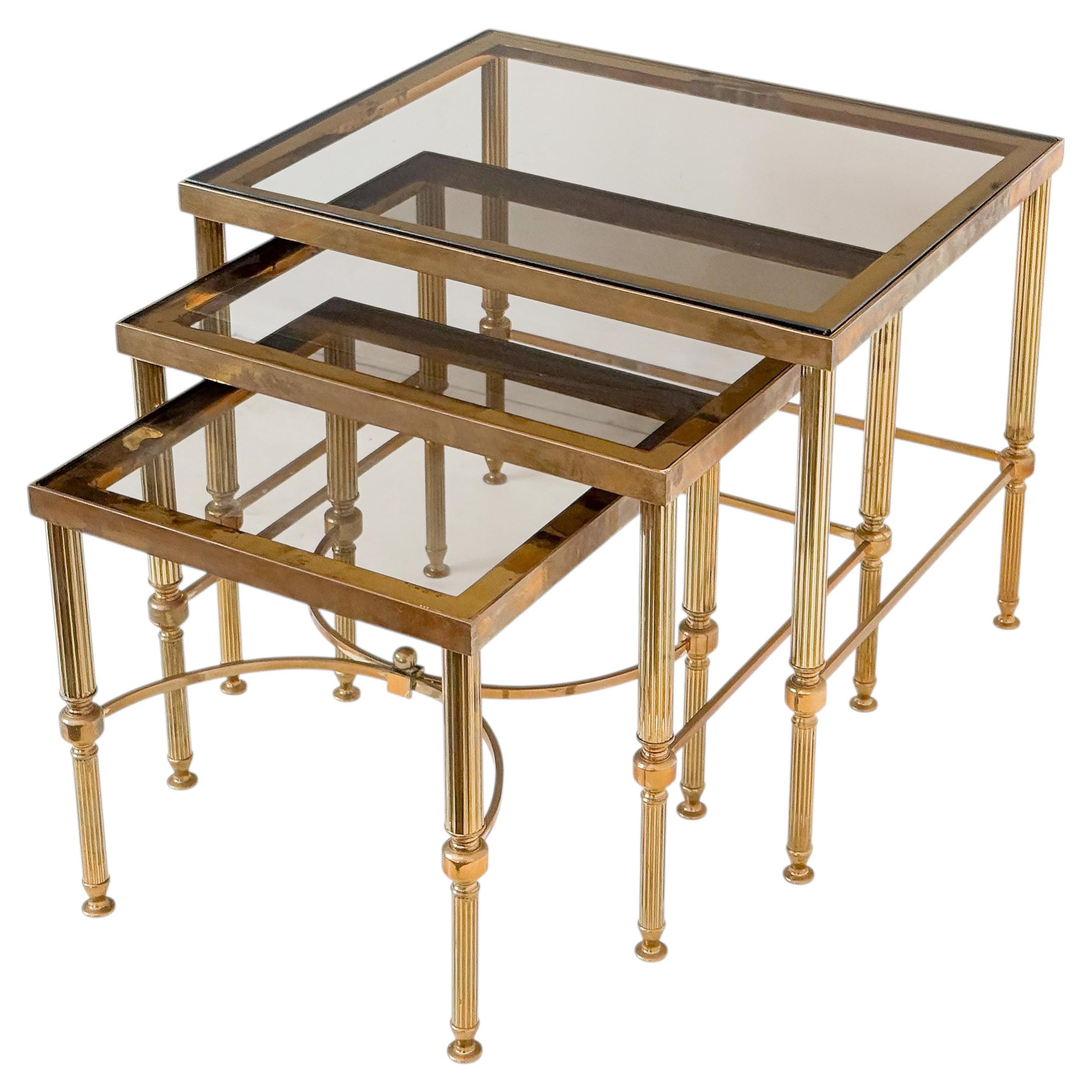 French Nesting Tables of Brass with Smoked Glass For Sale