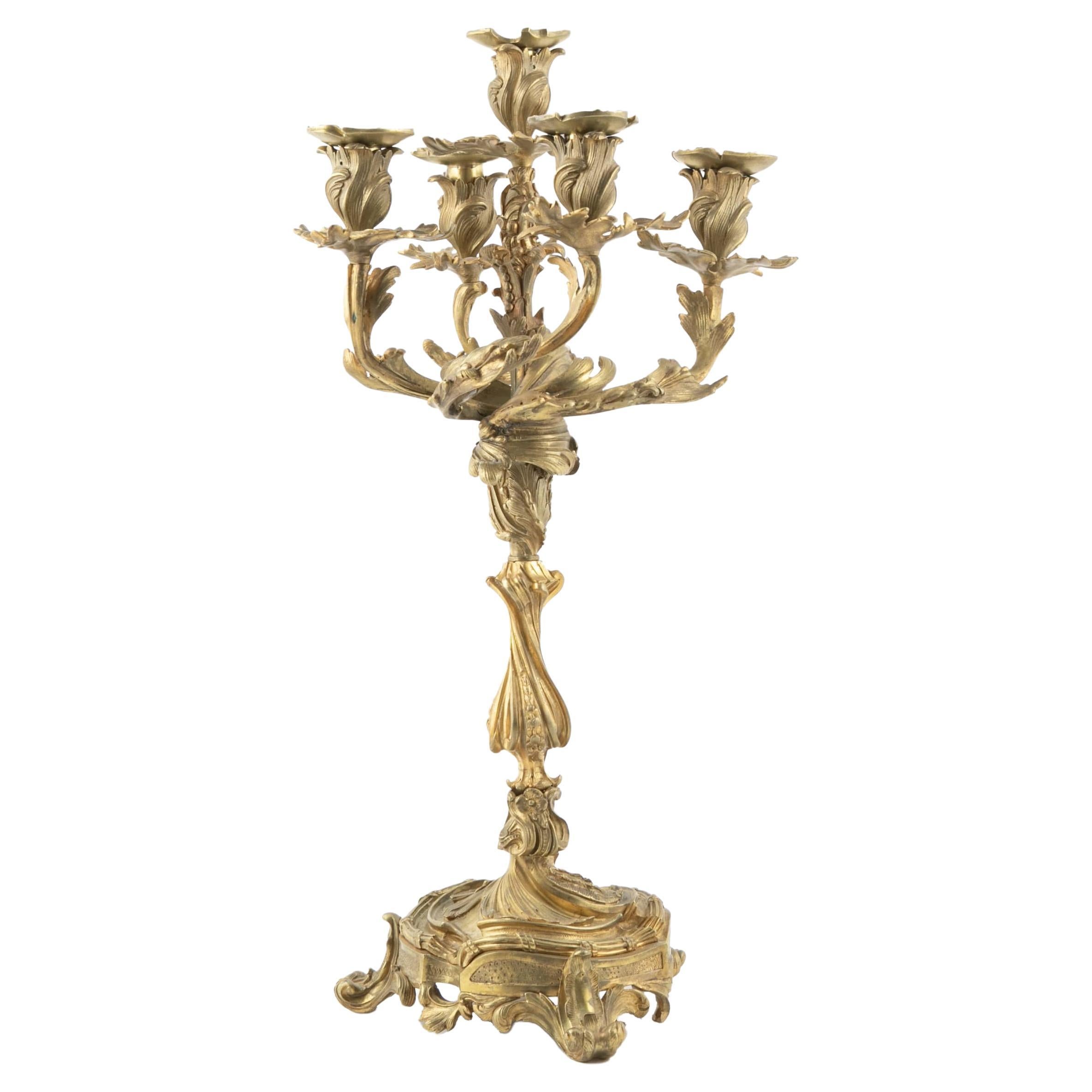 Antique French New Rococo Gilt Bronze Candelabra with 5 Arms