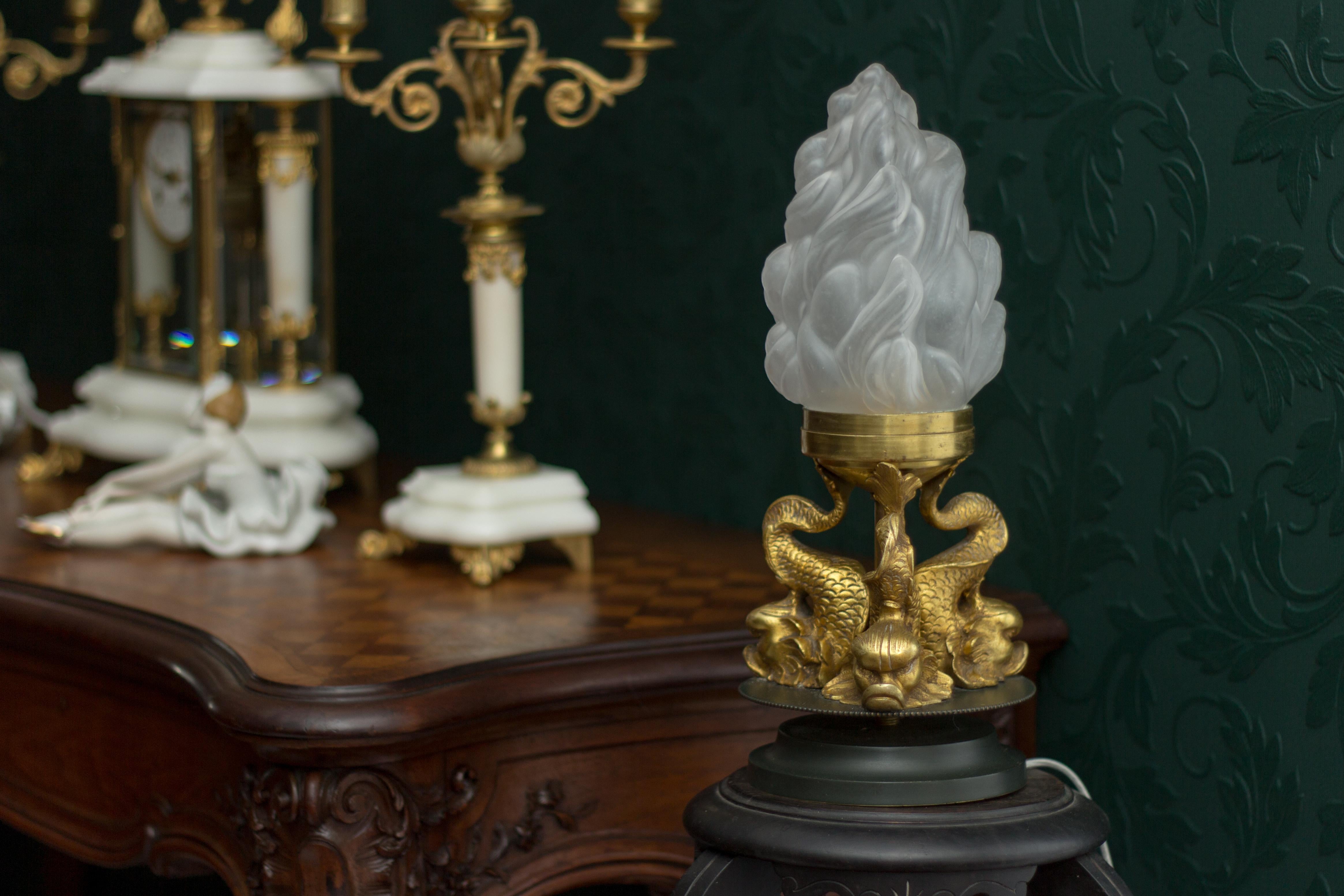 French Newel Post Lamp with Bronze Dolphins and Flame Shade 4