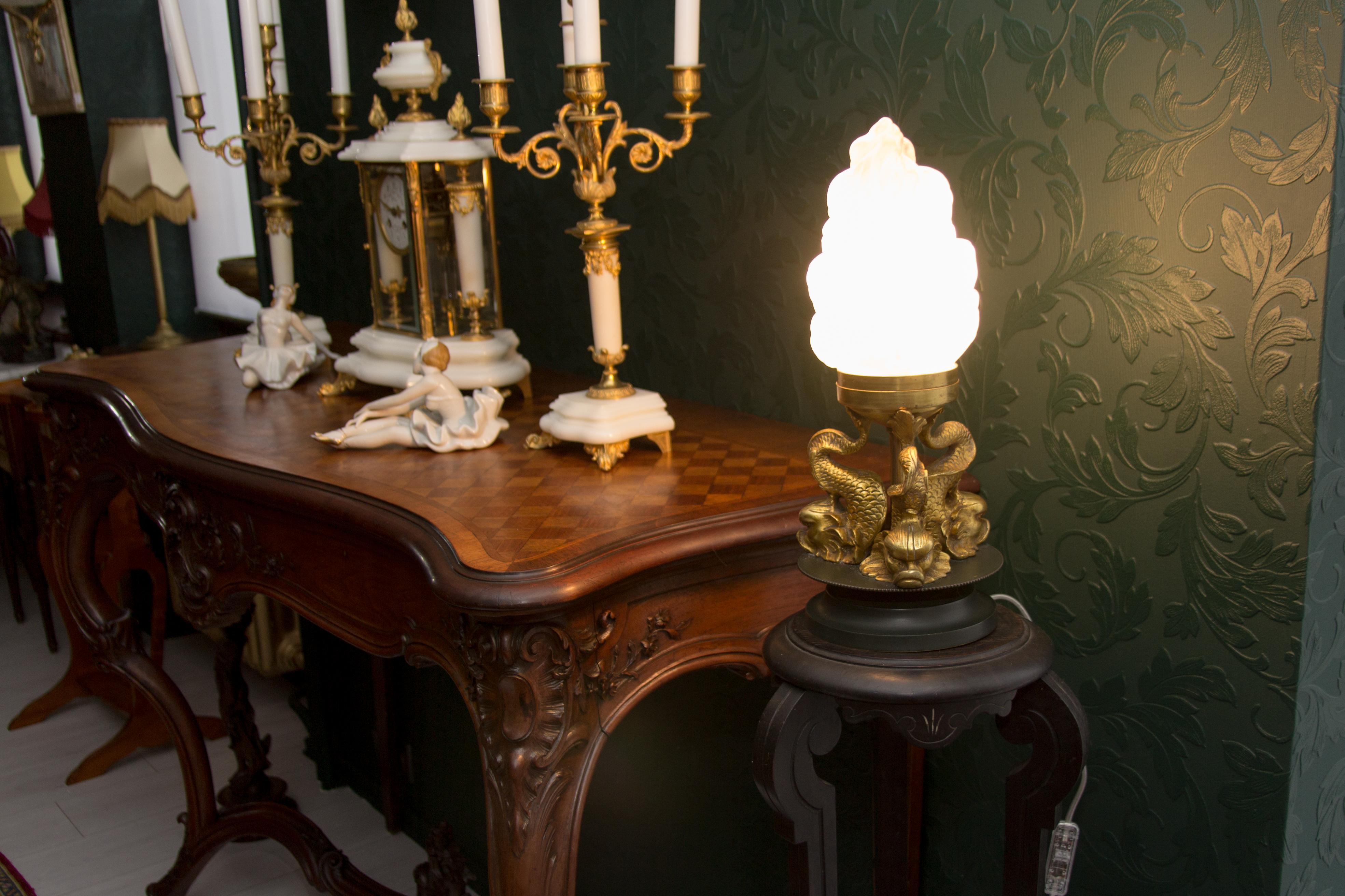 French Newel Post Lamp with Bronze Dolphins and Flame Shade 5