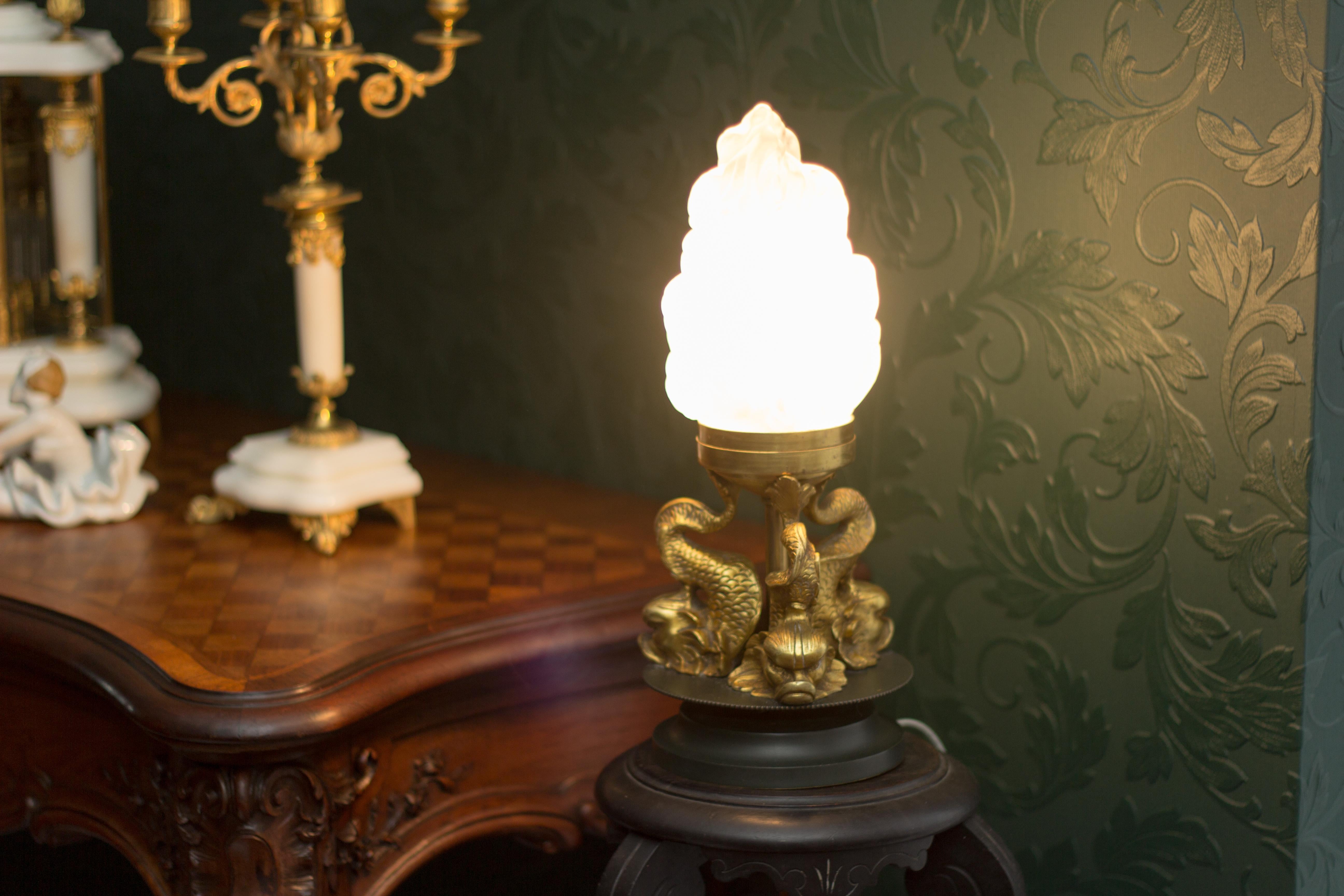 French Newel Post Lamp with Bronze Dolphins and Flame Shade 7