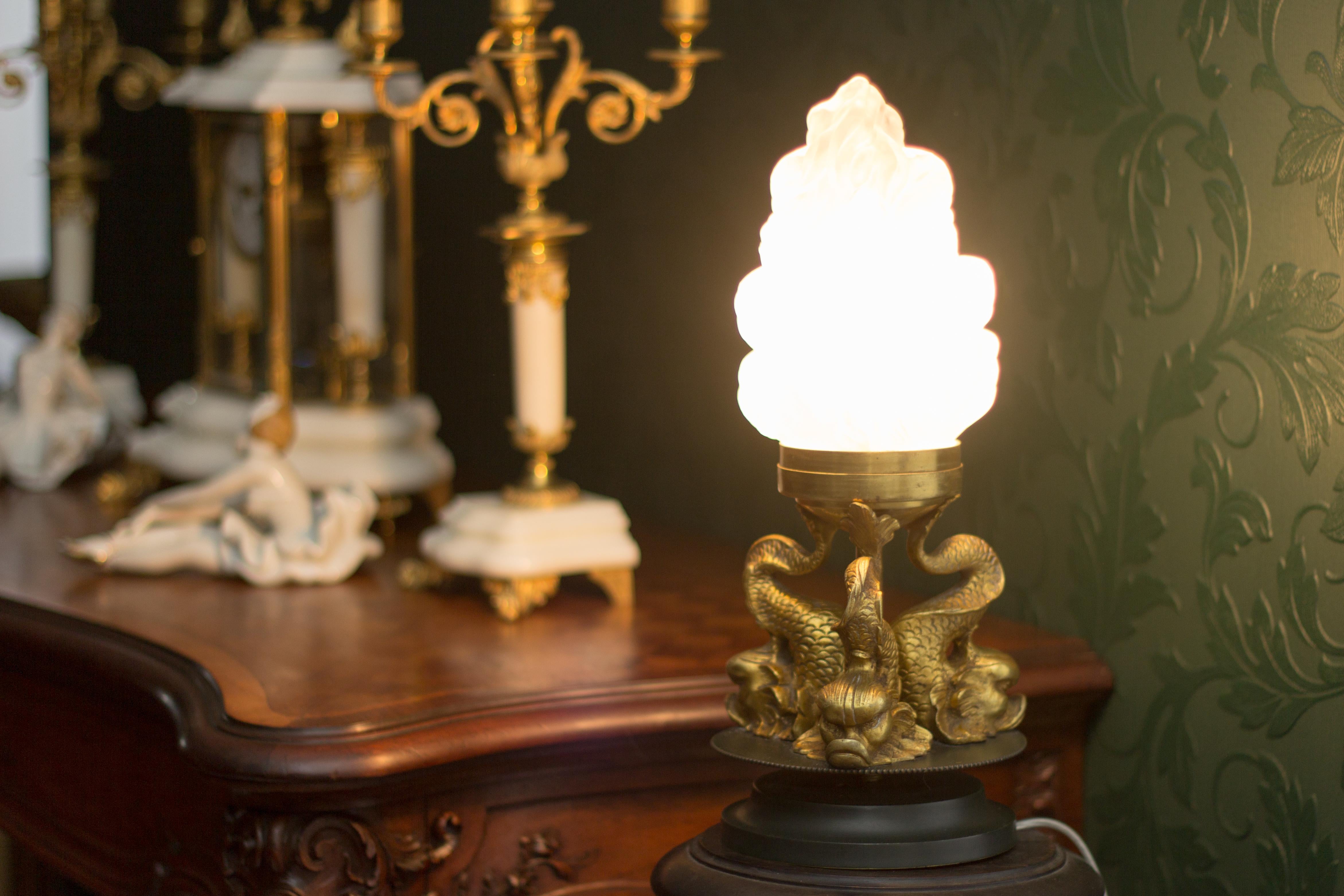 French Newel Post Lamp with Bronze Dolphins and Flame Shade 8