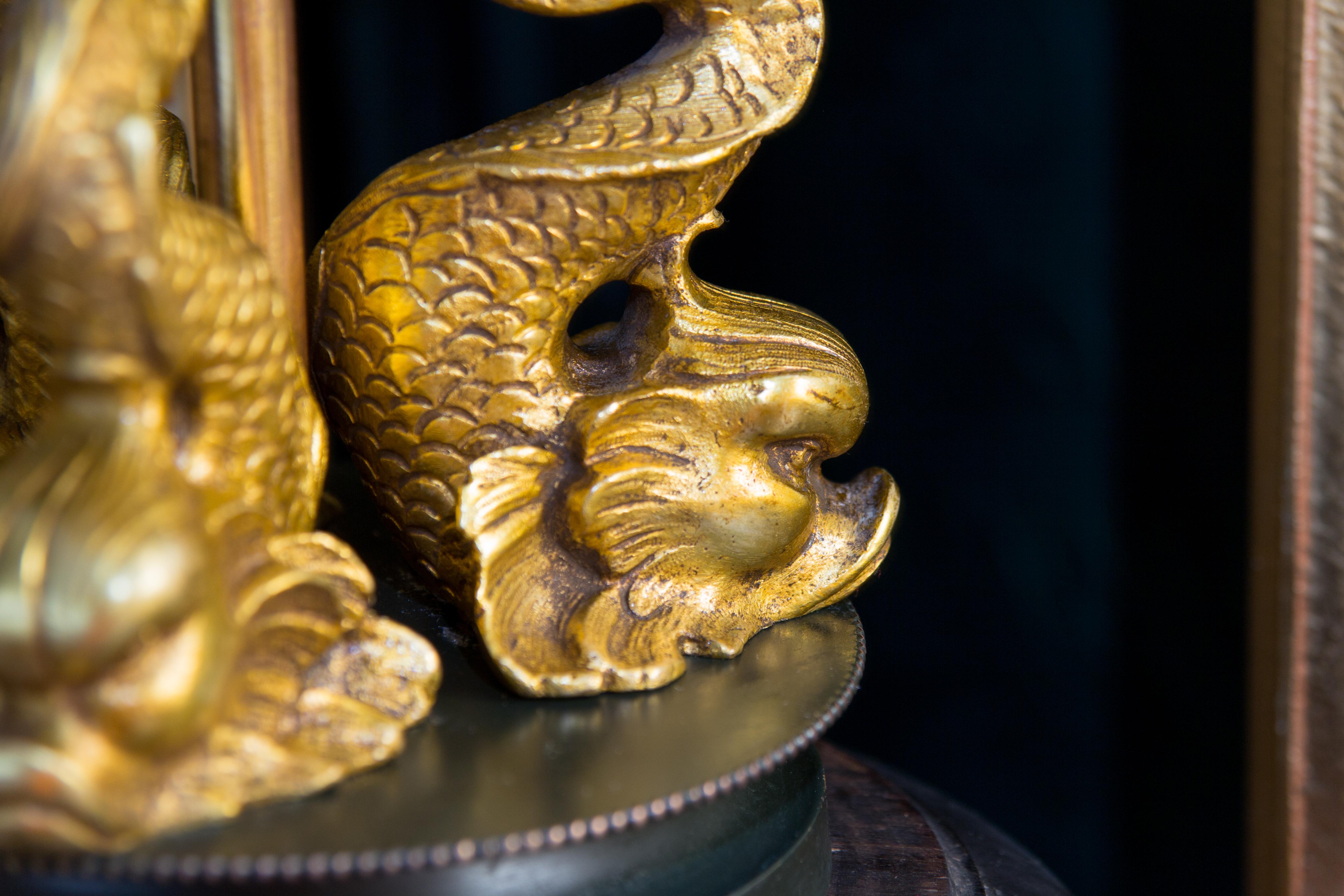 French Newel Post Lamp with Bronze Dolphins and Flame Shade 9