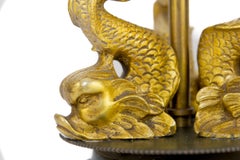 French Newel Post Lamp with Bronze Dolphins and Flame Shade