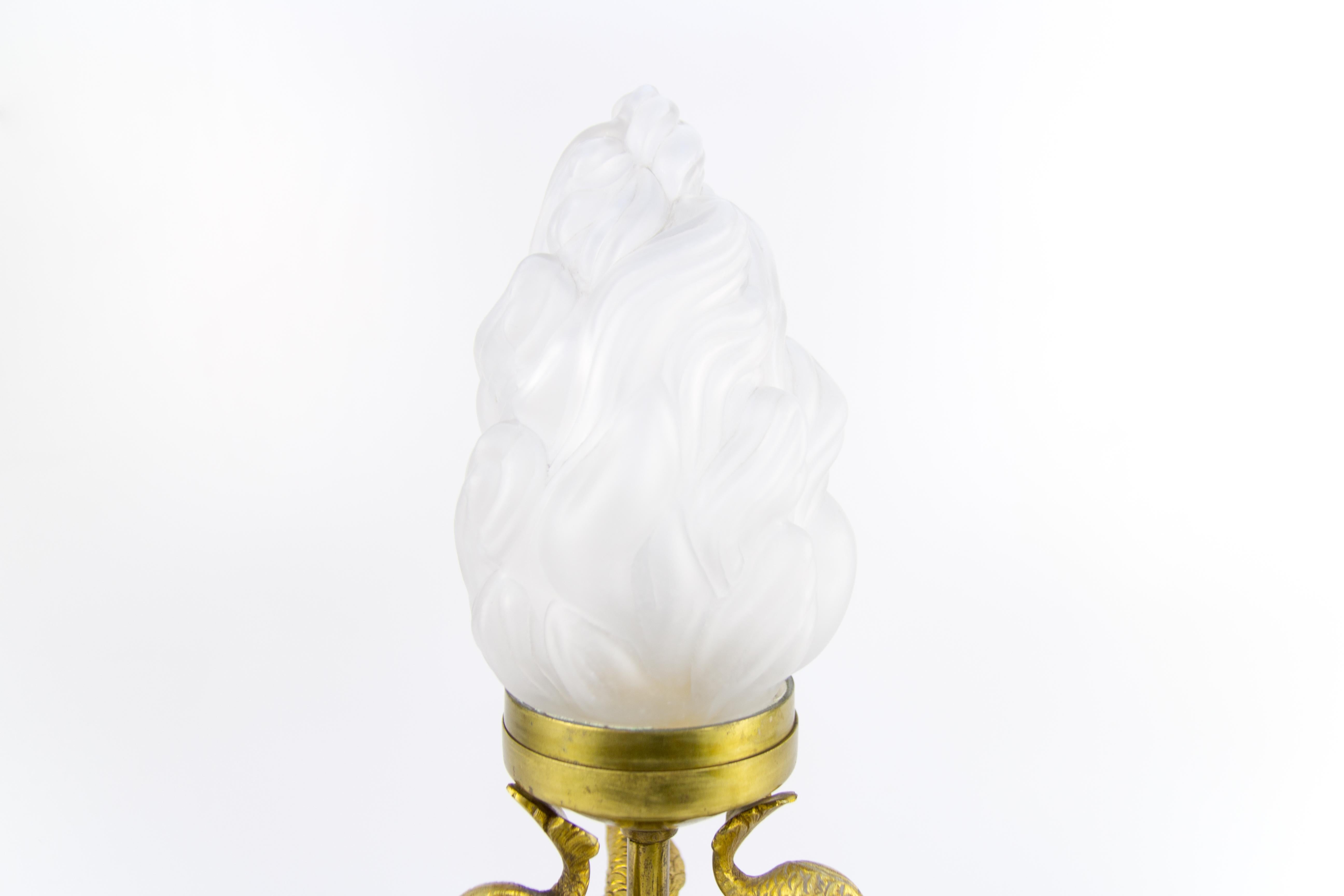 Glass French Newel Post Lamp with Bronze Dolphins and Flame Shade