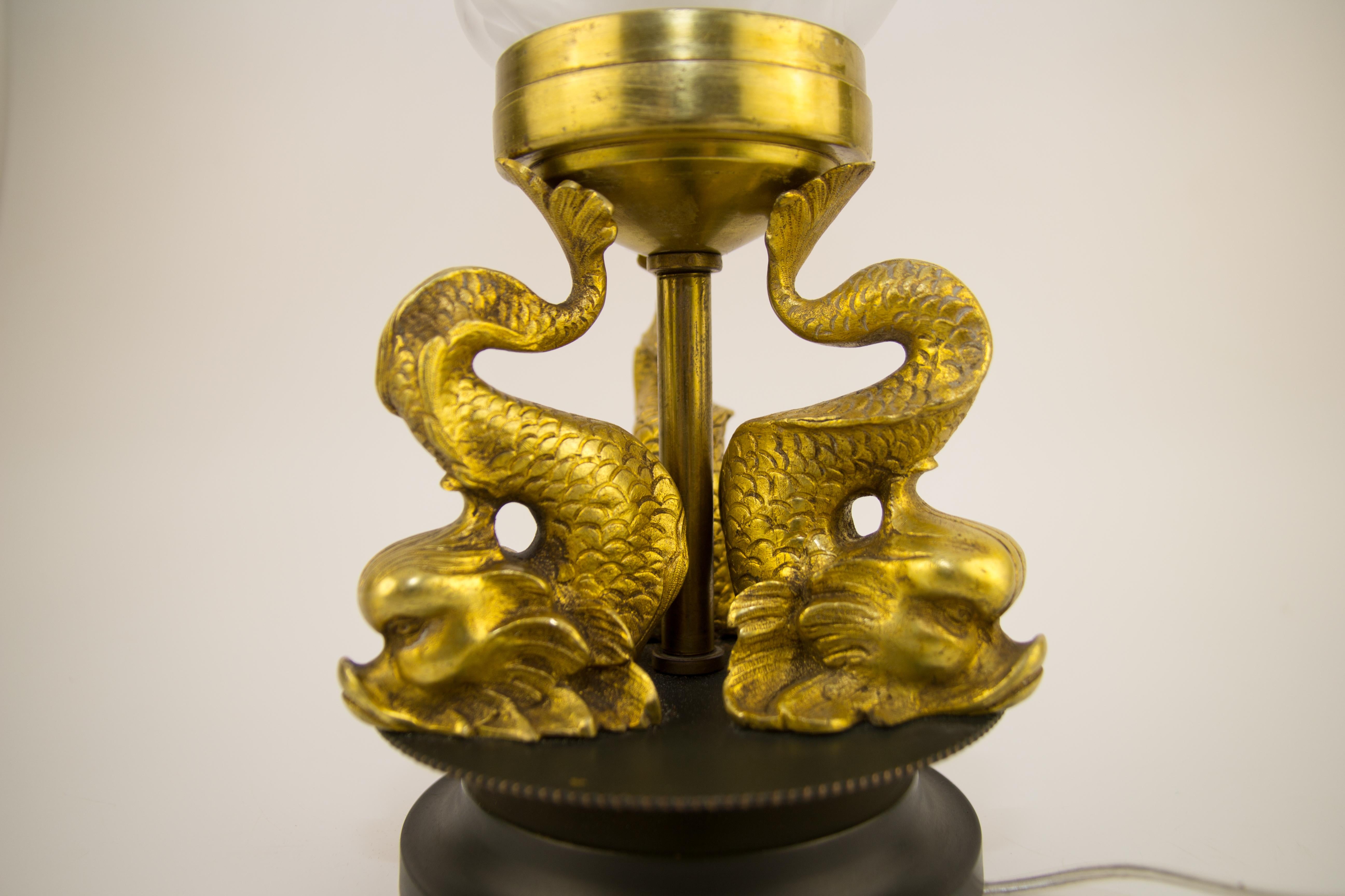 French Newel Post Lamp with Bronze Dolphins and Flame Shade 2