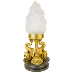 French Newel Post Lamp with Bronze Dolphins and Flame Shade