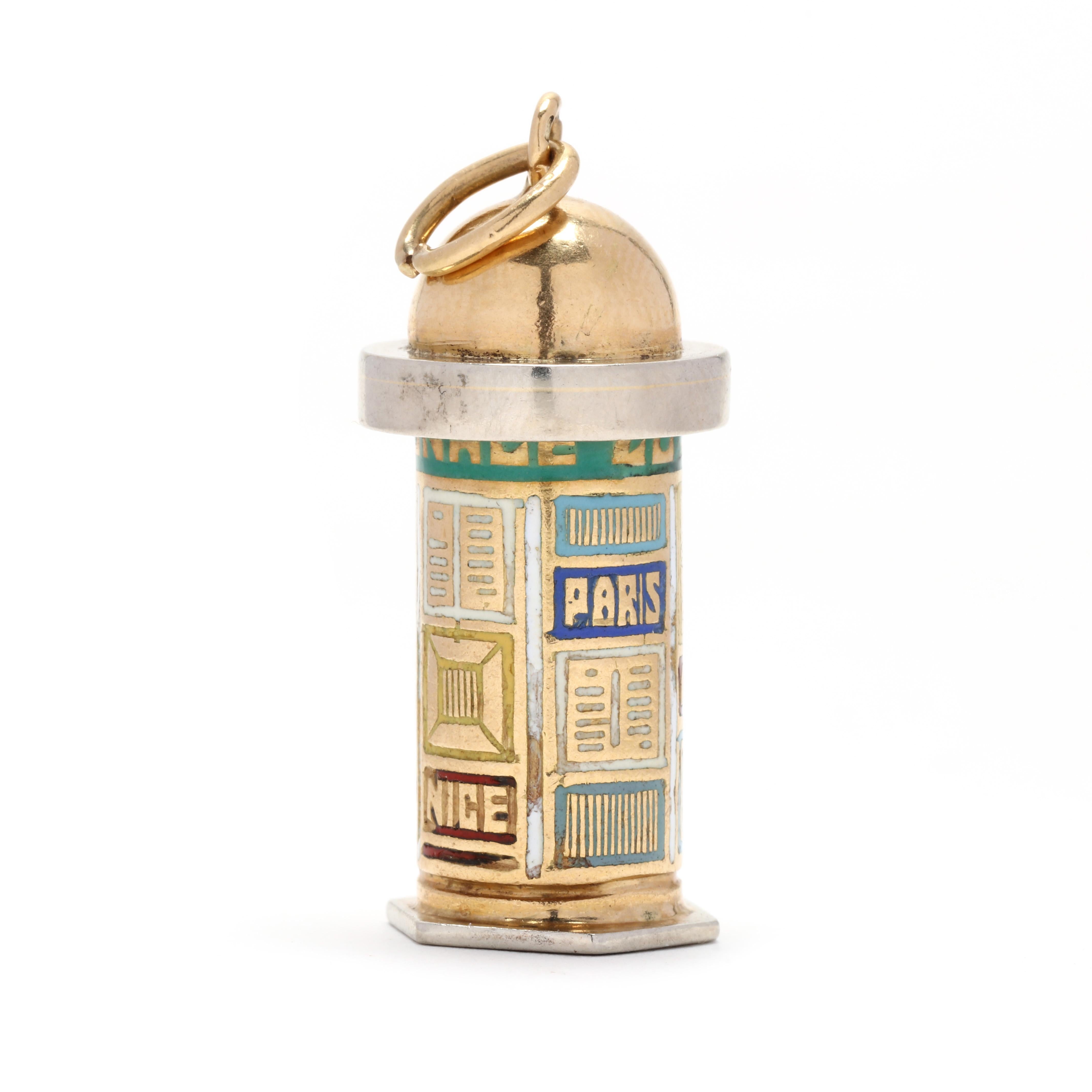 French News Kiosk Charm, French Enamel Charm, News Kiosk Charm, French Gold In Good Condition For Sale In McLeansville, NC
