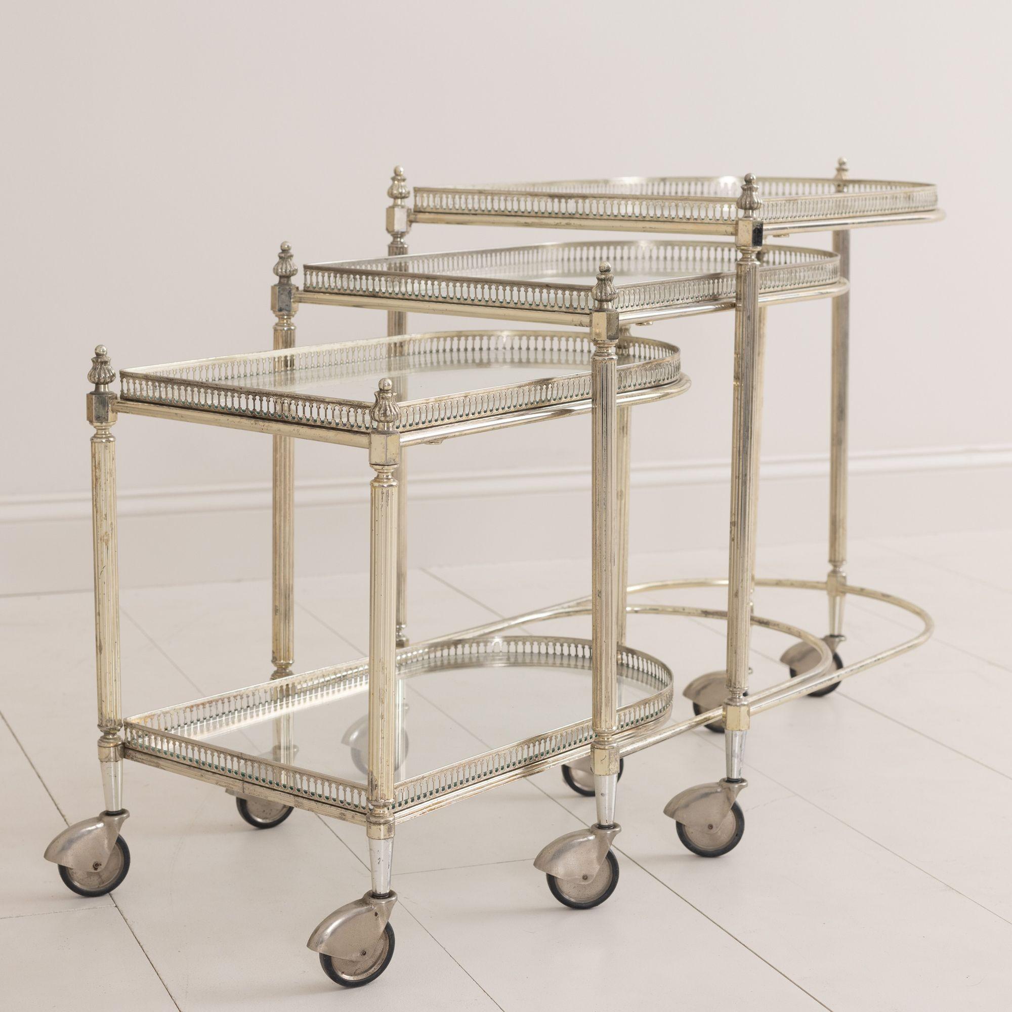 20th Century French Nickel Nesting Serving Trollies with Removable Trays For Sale