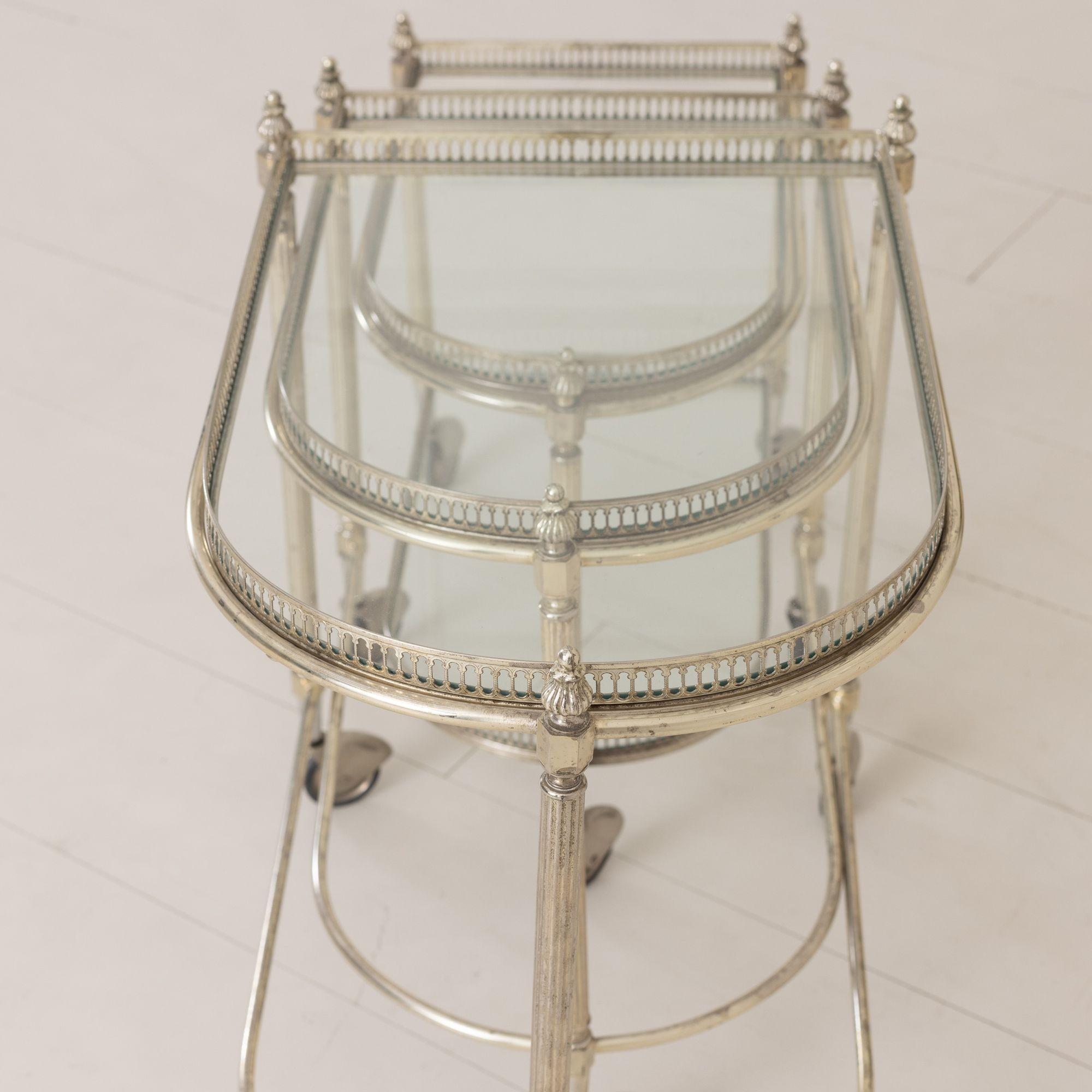 Glass French Nickel Nesting Serving Trollies with Removable Trays For Sale