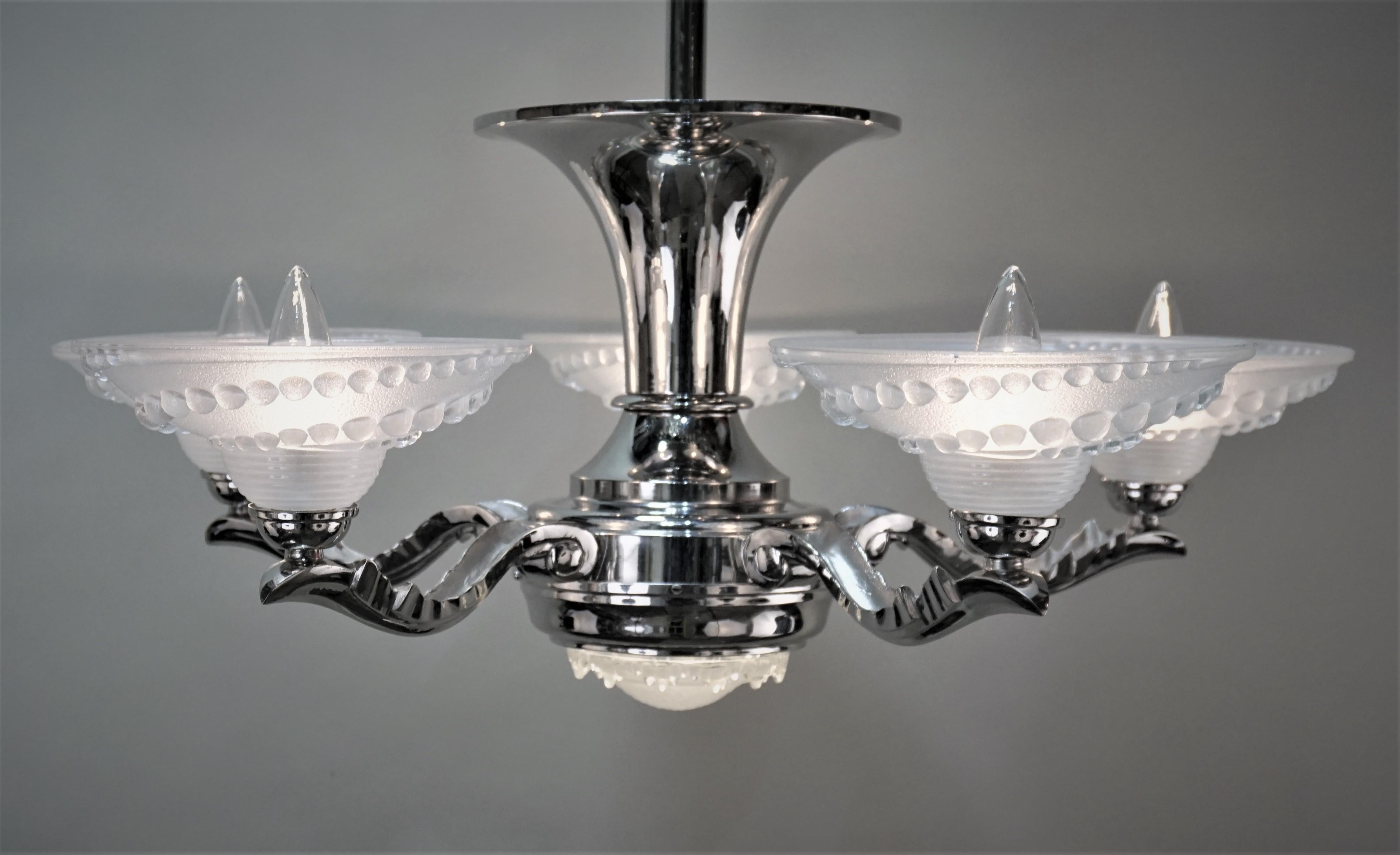 French Nickel on Bronze Art Deco Chandelier 4