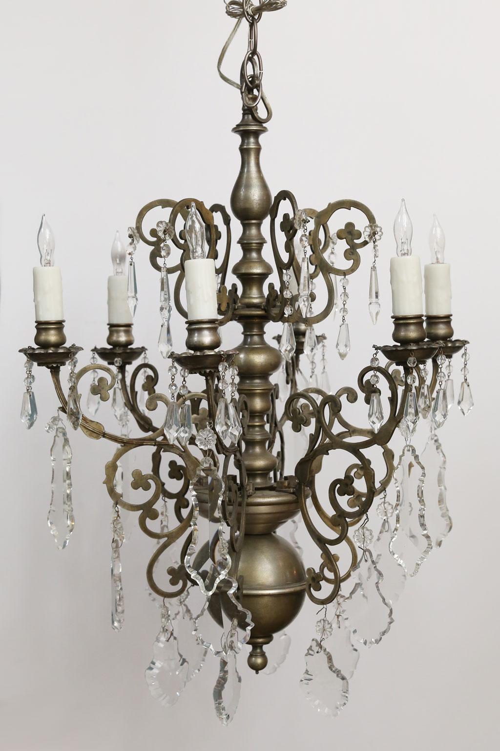 French Nickel on Bronze Chandelier Embellished with Crystals In Good Condition In Houston, TX