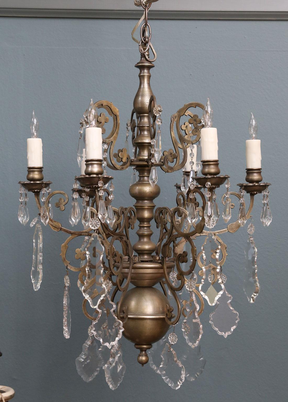Mid-20th Century French Nickel on Bronze Chandelier Embellished with Crystals