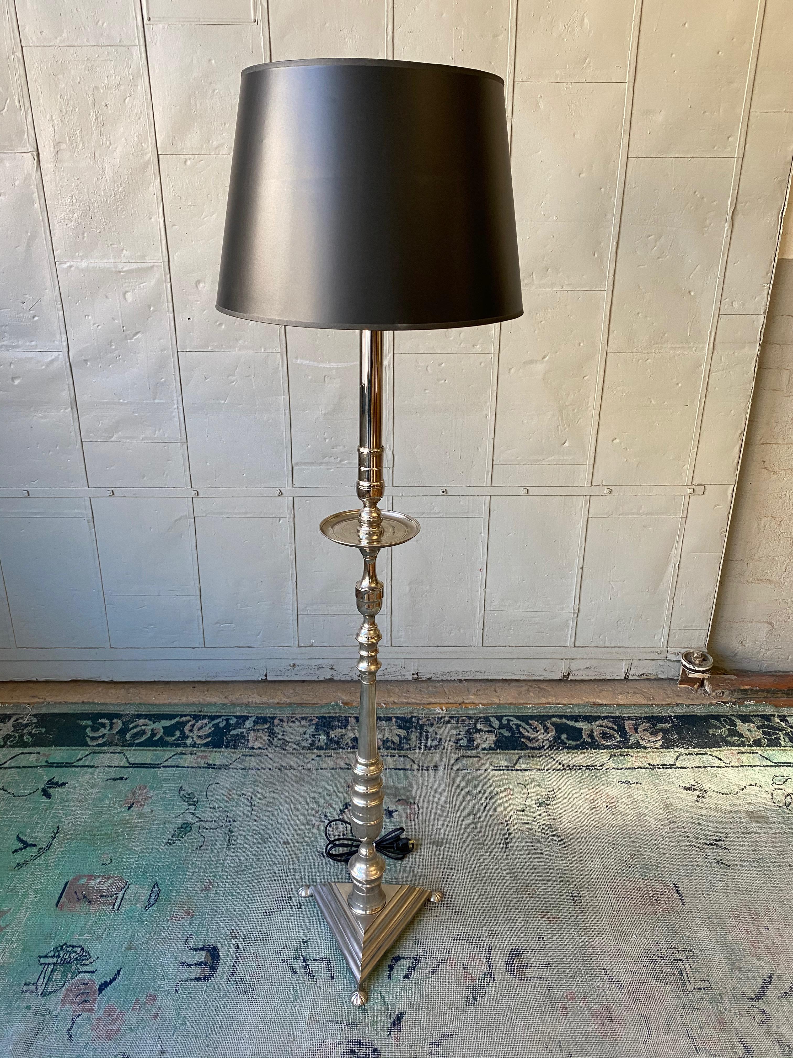 Mid-20th Century French Nickel-Plated Floor Lamp on a Footed Triangular Base For Sale