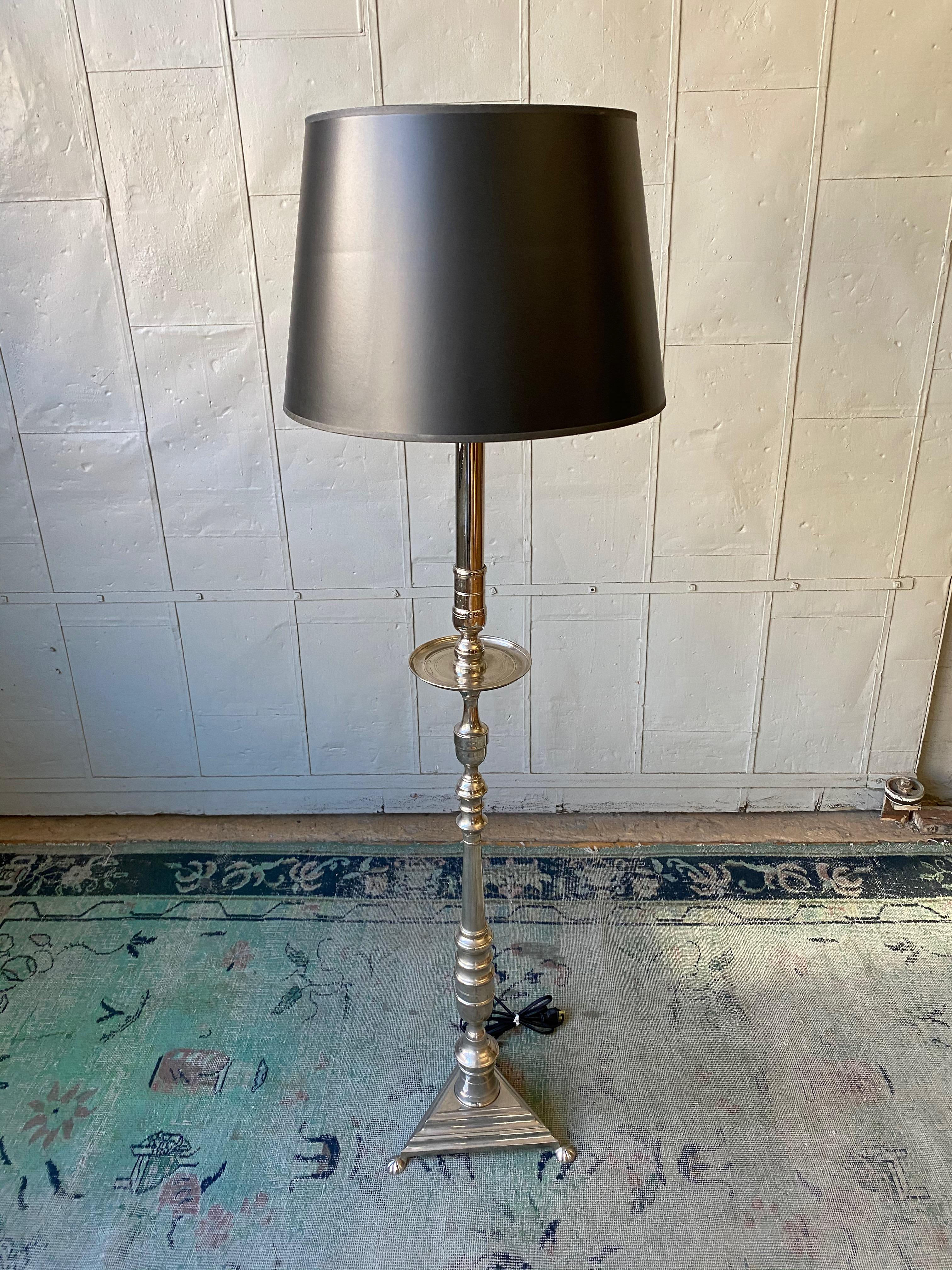 Brass French Nickel-Plated Floor Lamp on a Footed Triangular Base For Sale