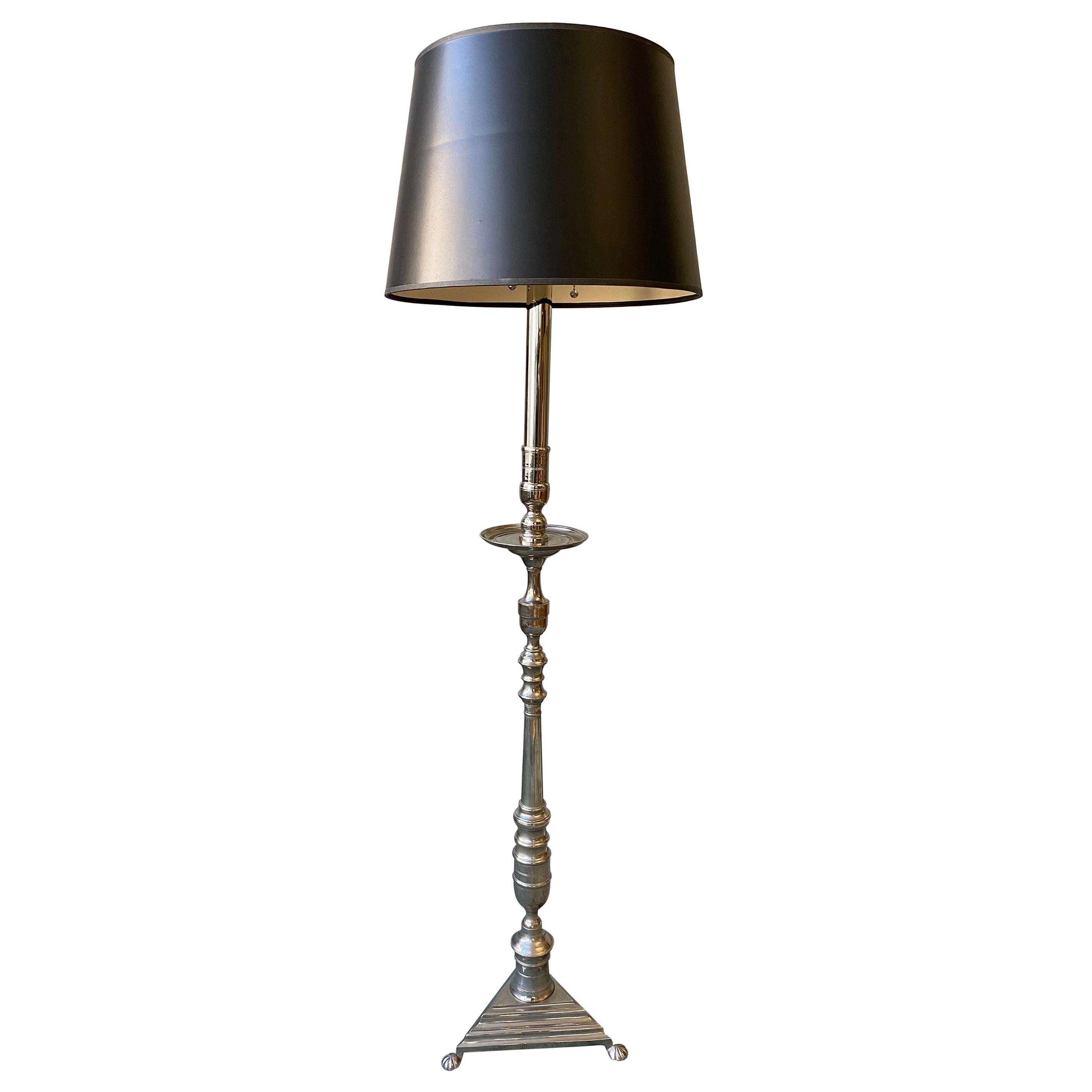 French Nickel-Plated Floor Lamp on a Footed Triangular Base For Sale