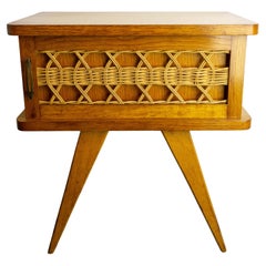 French Nightstand Side Cabinet Bedside Oak & Wicker Table Compas Feet,  1950