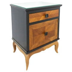 French Nightstand Side Cabinet Bedside Table Two-Toned Black and Cherrywood, 1960
