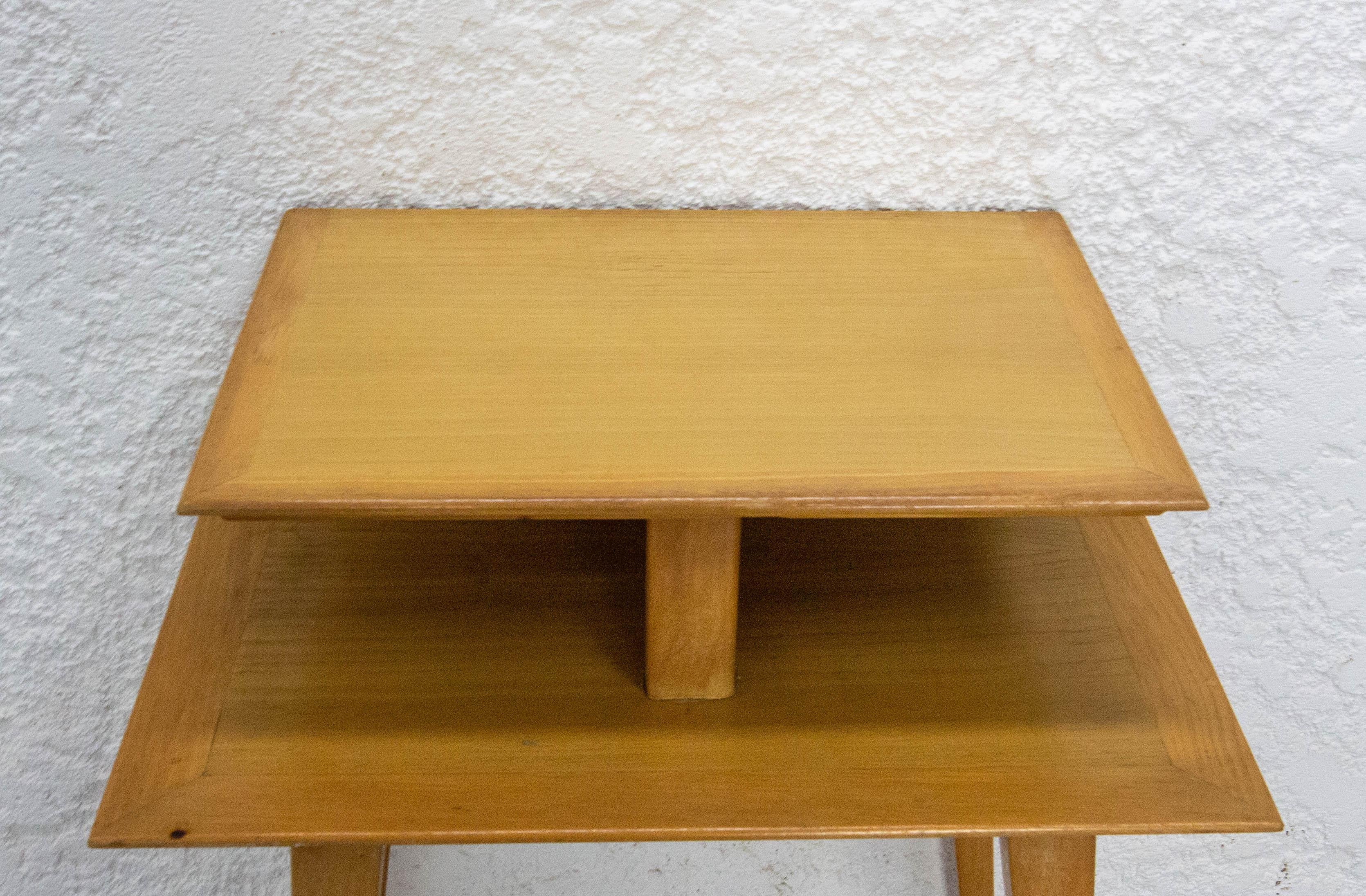 French Nightstand Table Side Table Elm & Beveled Glass Table Compas Feet, c 1950 For Sale 5