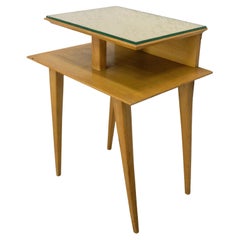 French Nightstand Table Side Table Elm & Beveled Glass Table Compas Feet, c 1950