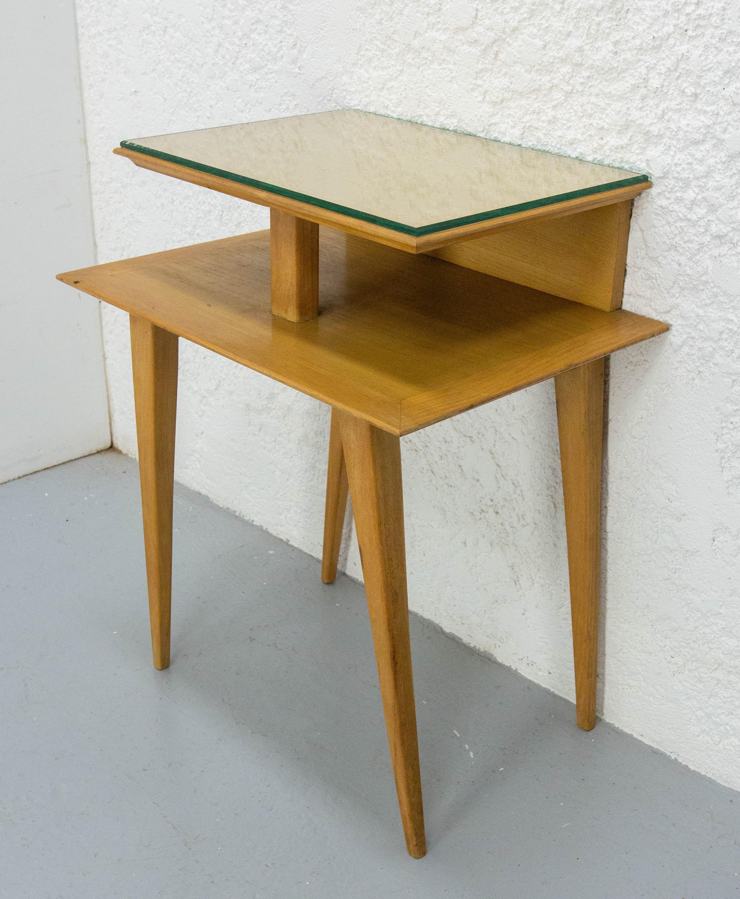 Mid-Century Modern French Nightstand Table Side Table Elm & Beveled Glass Table Compas Feet, c 1950 For Sale