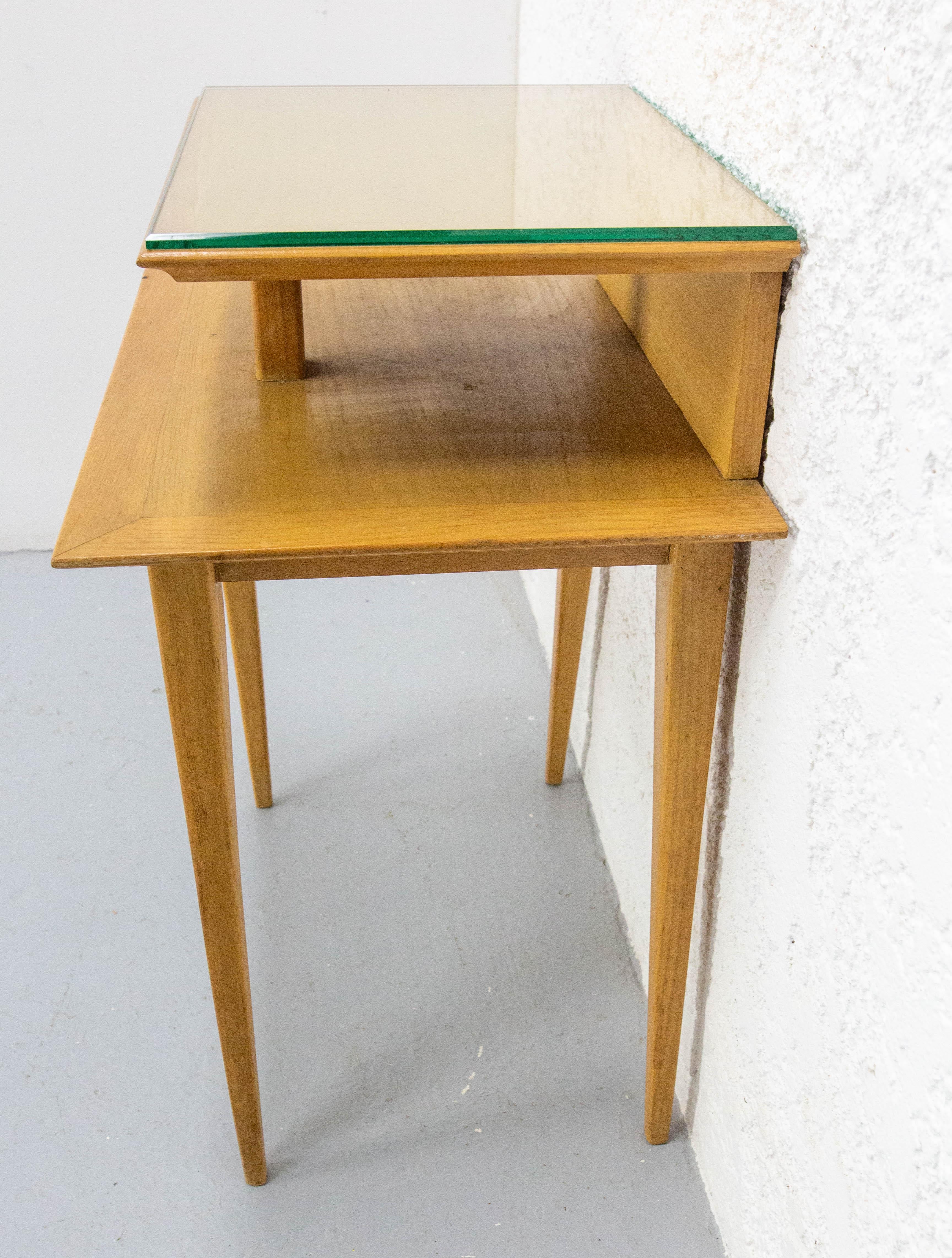 20th Century French Nightstand Table Side Table Elm & Beveled Glass Table Compas Feet, c 1950 For Sale