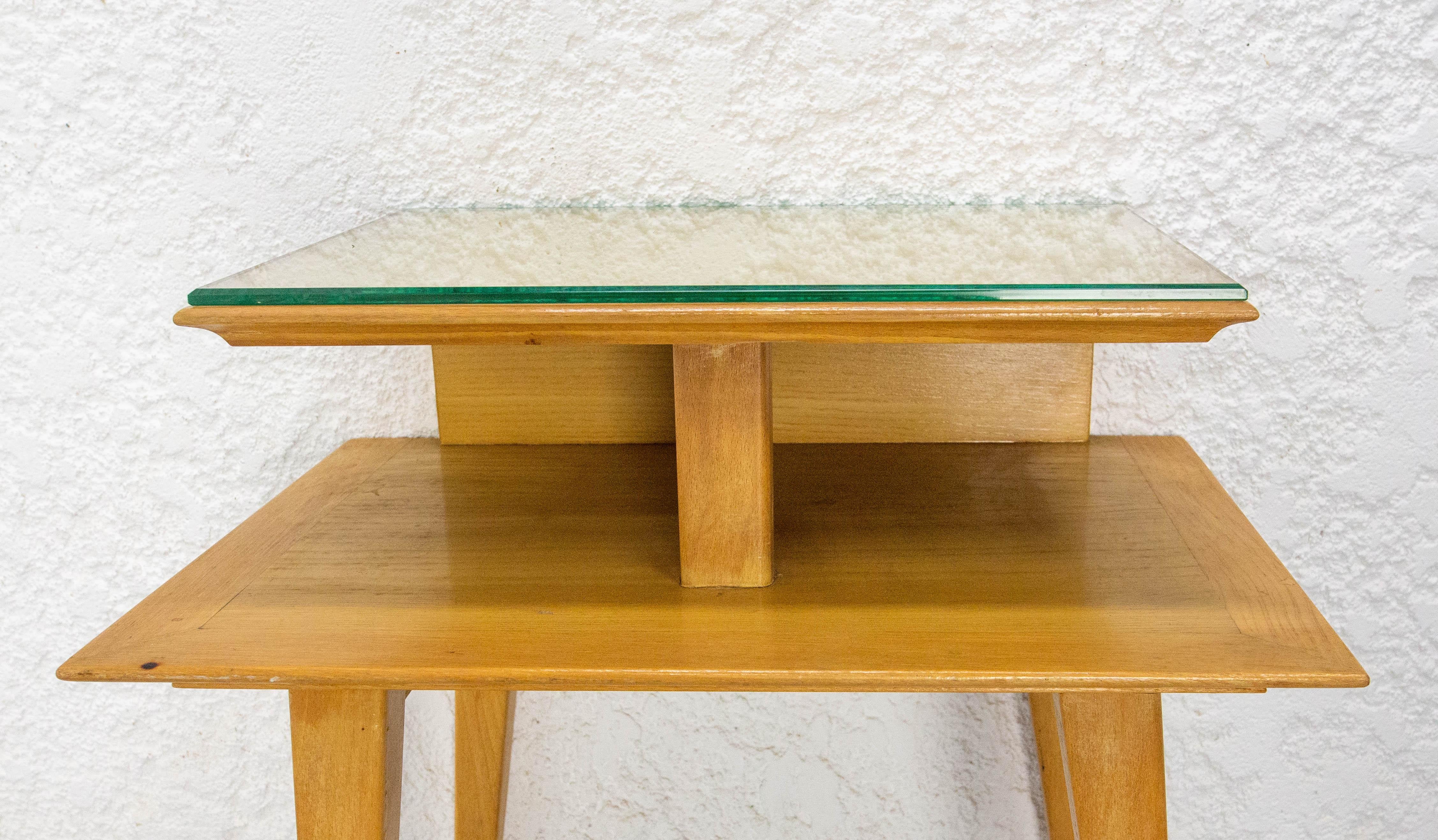 French Nightstand Table Side Table Elm & Beveled Glass Table Compas Feet, c 1950 For Sale 4