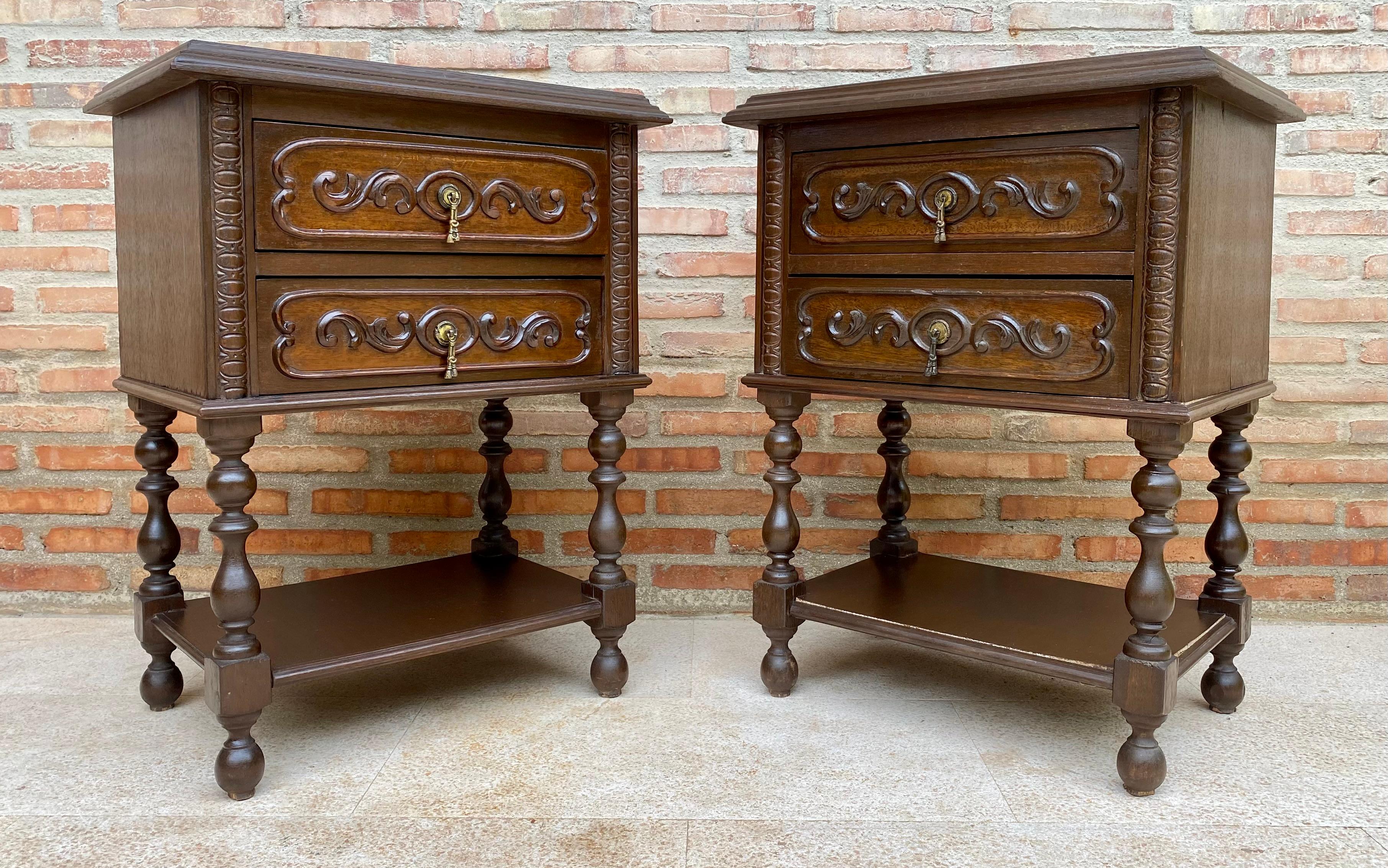 Spanish Colonial French Nightstands In Carved Walnut Two Drawers And Shelf, Set Of 2 For Sale