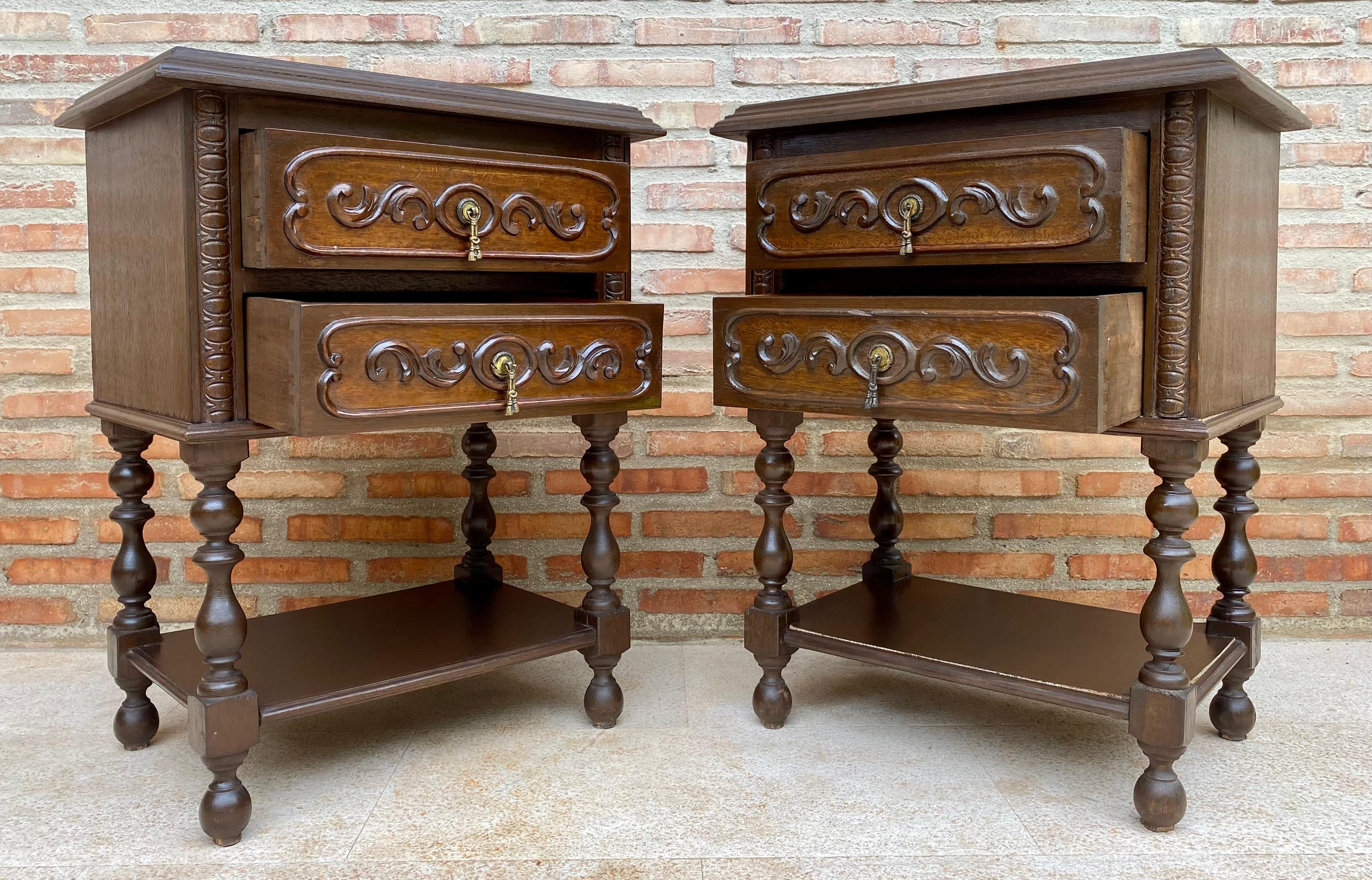 Spanish French Nightstands In Carved Walnut Two Drawers And Shelf, Set Of 2 For Sale