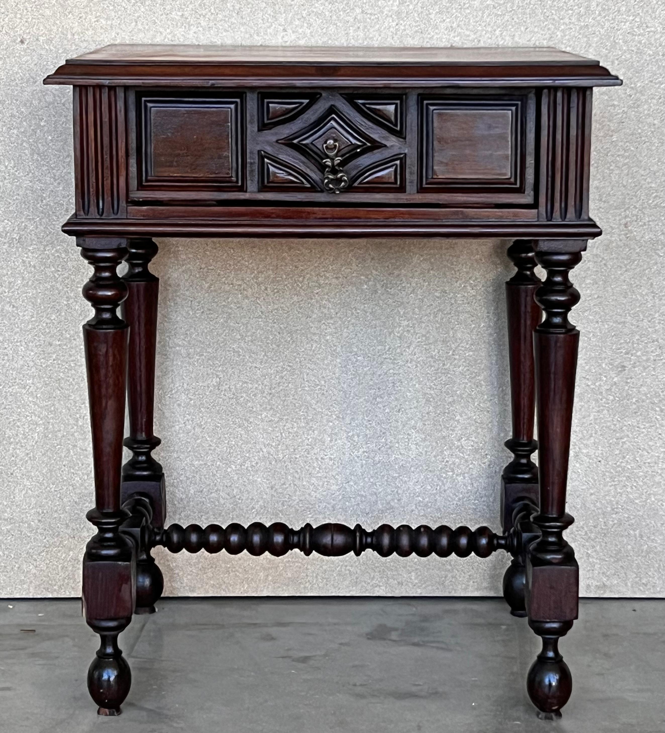 Spanish Colonial French Nightstands in Solid Carved Oak with Turned Columns, Set of 2 For Sale