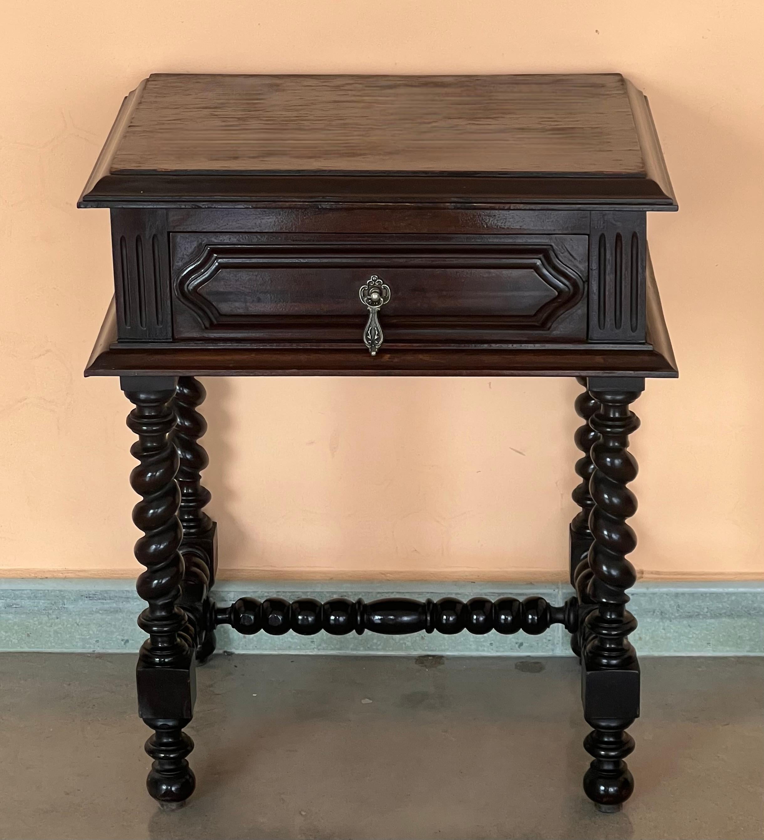 Spanish Colonial French Nightstands in Solid Carved Oak with Turned Columns, Set of 2 For Sale