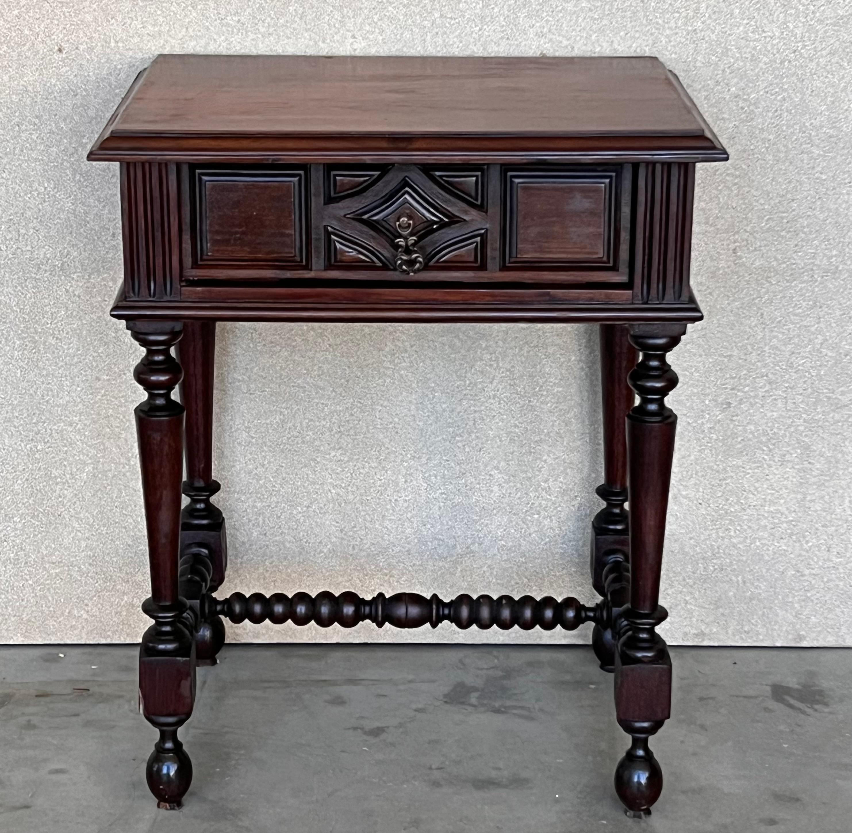 Spanish French Nightstands in Solid Carved Oak with Turned Columns, Set of 2 For Sale