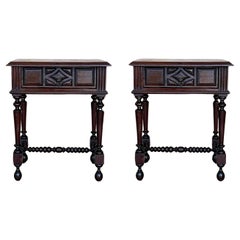 Antique French Nightstands in Solid Carved Oak with Turned Columns, Set of 2