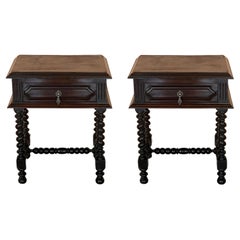 Antique French Nightstands in Solid Carved Oak with Turned Columns, Set of 2