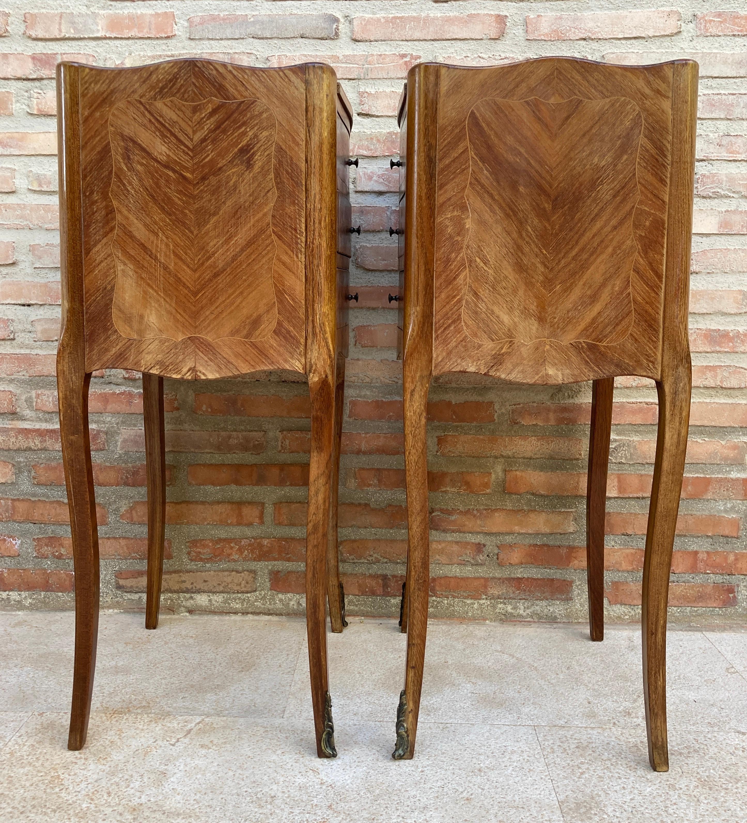 French Provincial French Nightstands in Walnut with Three Drawers, 1940s, Set of 2 For Sale