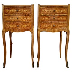 Vintage French Nightstands in Walnut with Three Drawers, 1940s, Set of 2