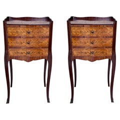 Vintage French Nightstands in Walnut with Three Drawers, 1940s, Set of 2
