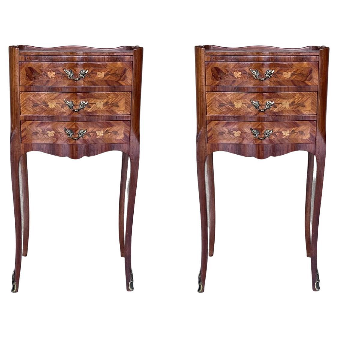 French Nightstands in Walnut with Three Drawers, 1940s, Set of 2