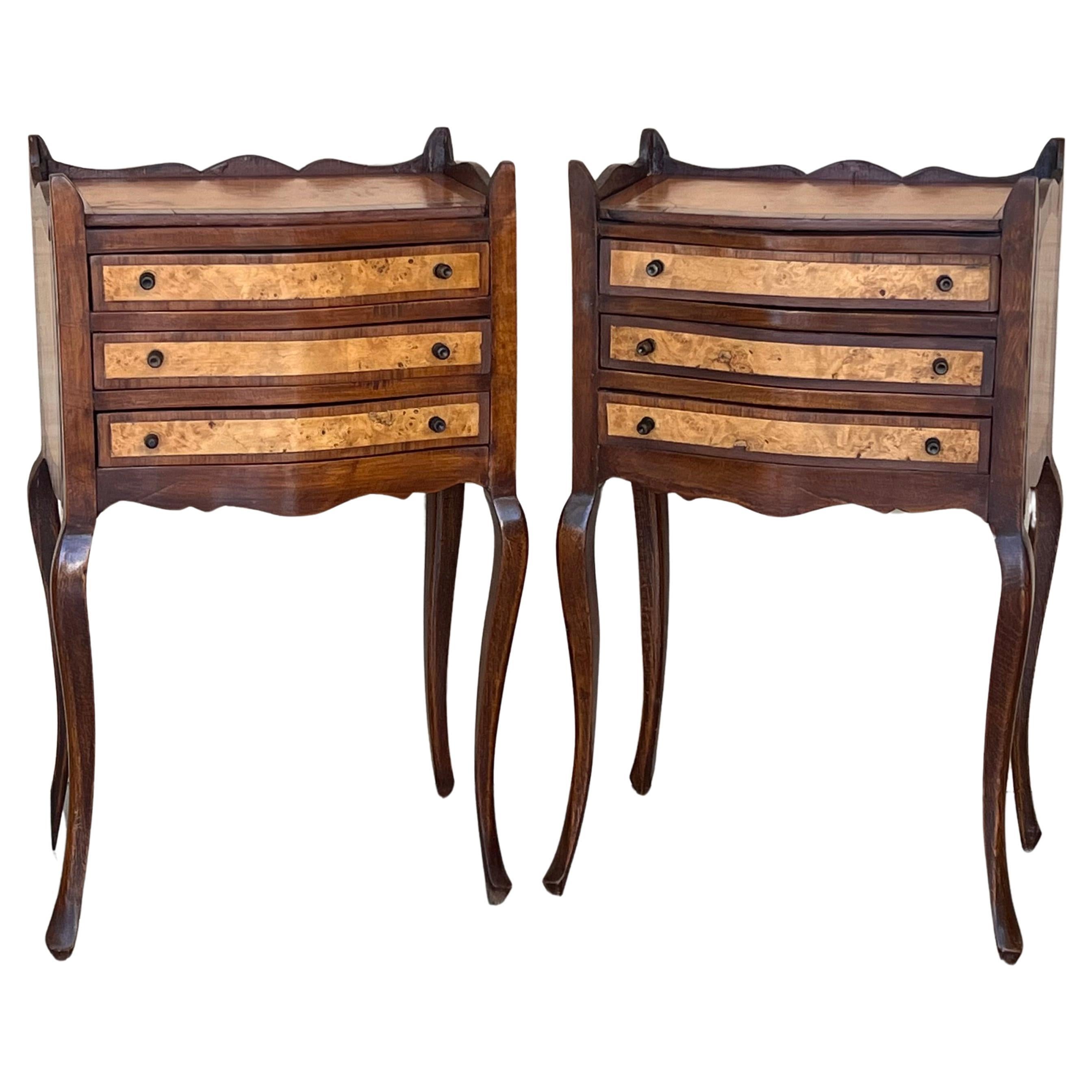 French Nightstands in Walnut with Three Drawers, 1940s, Set of 2 For Sale