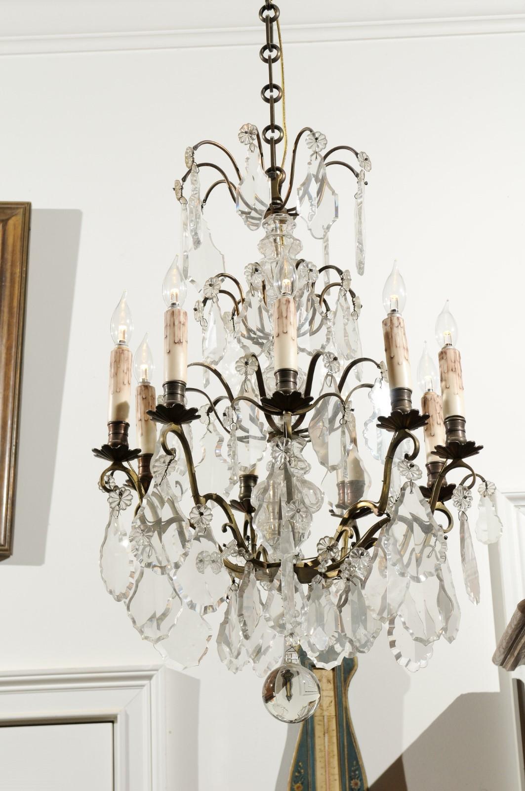 French Nine-Light Crystal and Brass Chandelier with Pendeloques, circa 1900 1