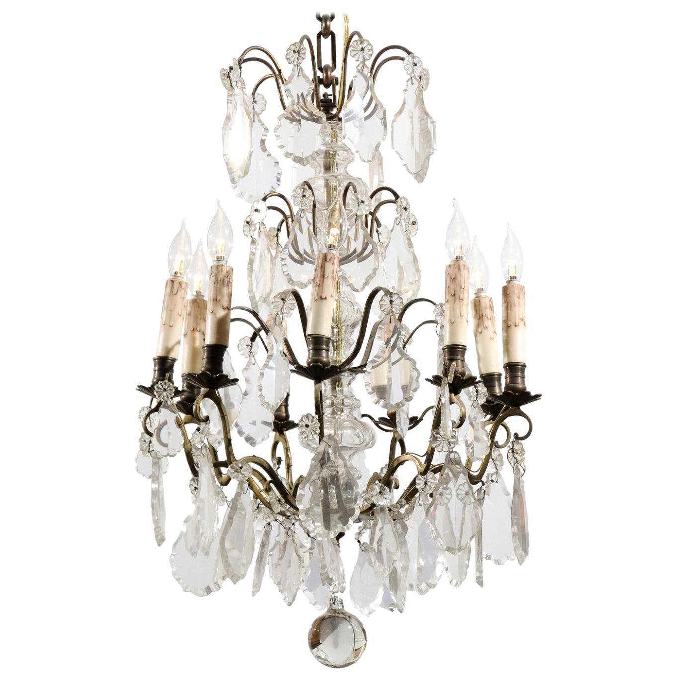 French Nine-Light Crystal and Brass Chandelier with Pendeloques, circa 1900