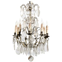 Antique French Nine-Light Crystal and Brass Chandelier with Pendeloques, circa 1900