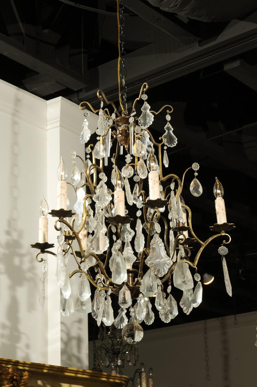 French Nine-Light Crystal Chandelier with Brass Armature and Finial, circa 1890 6